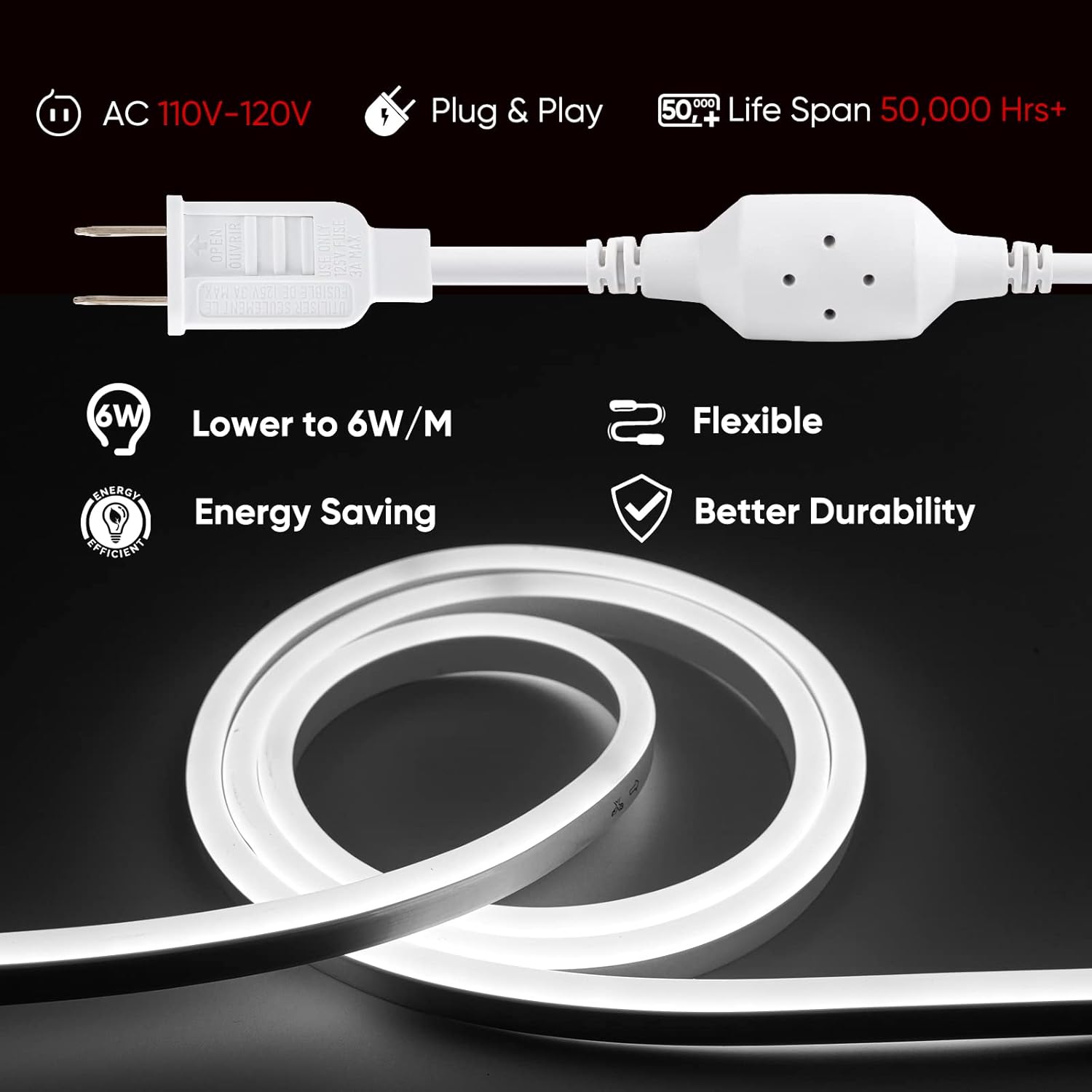 110V Eco LED Neon Rope Light 4500K Natural White Energy Efficient 189Lumens/M