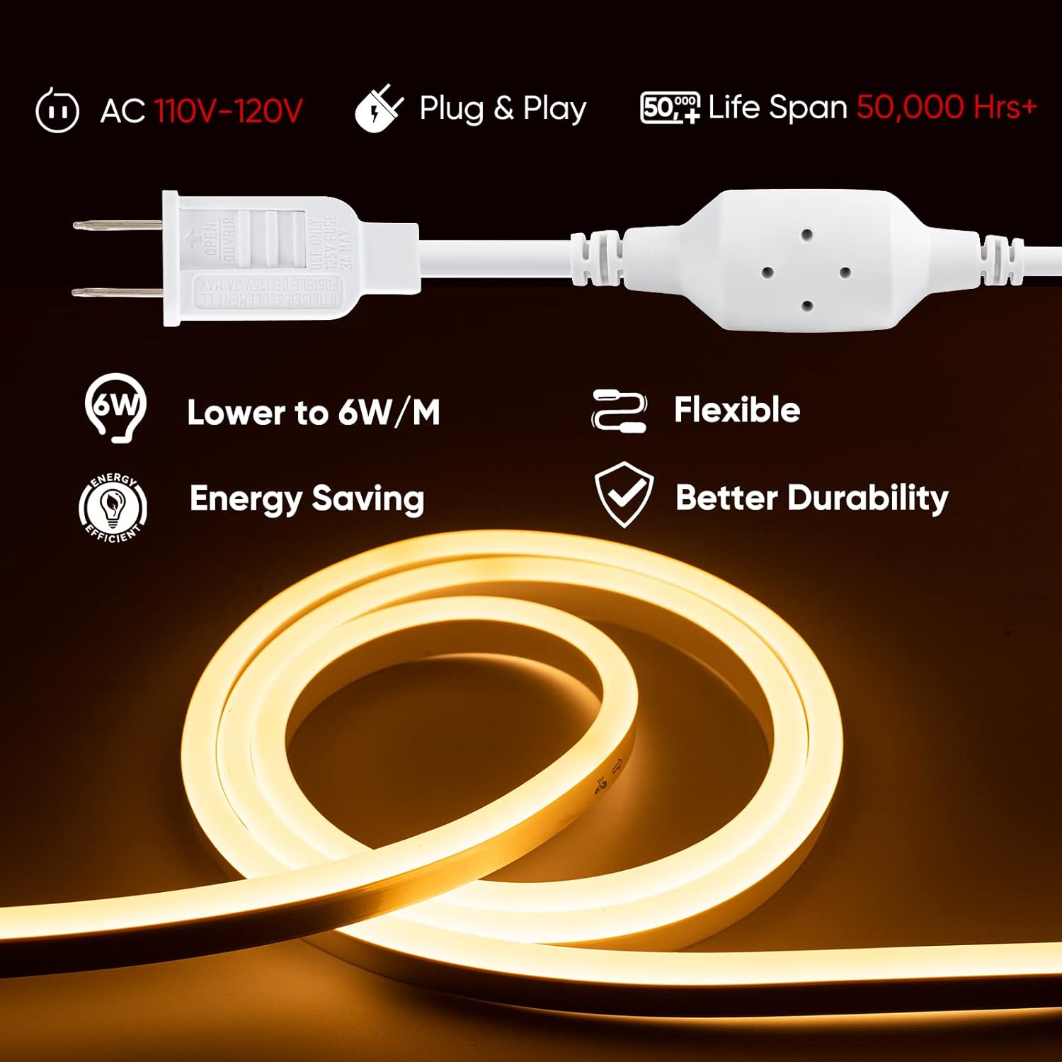 110V Eco LED Neon Rope Light Warm White 2600K Energy Efficient 189Lumens/M