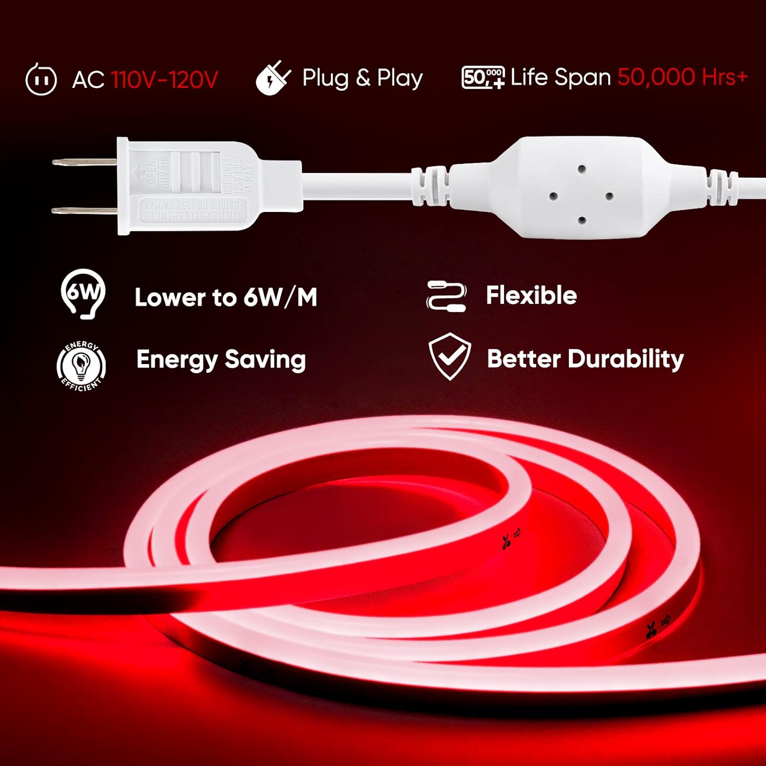 110V Eco Red LED Neon Rope Light Medium-Priced Energy Efficient 189Lumens/M