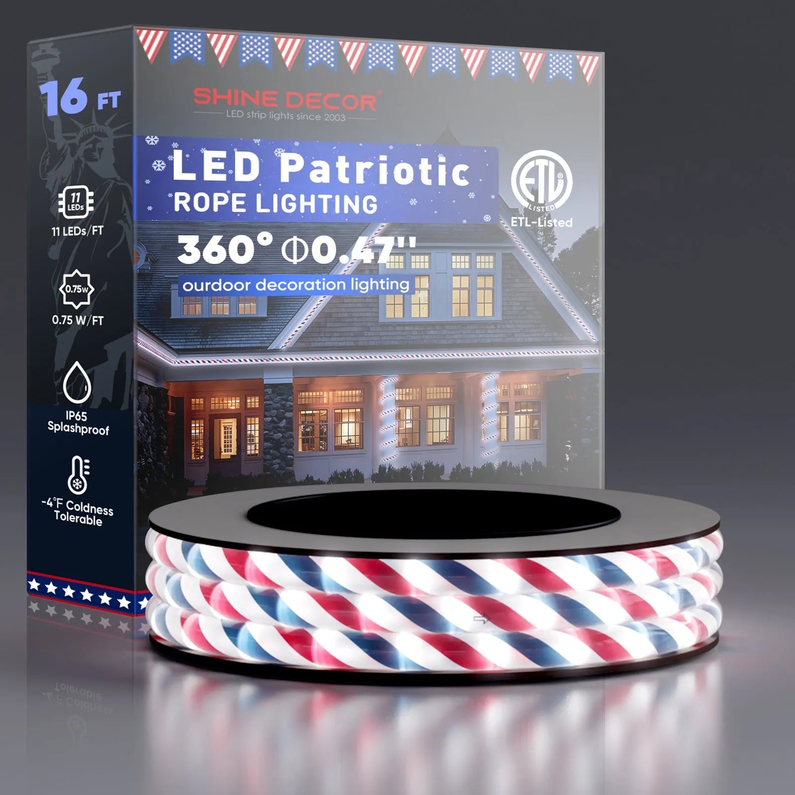 110V Patriotic Rope Light Red White Blue Rope Light 11000K US Flag Lighting