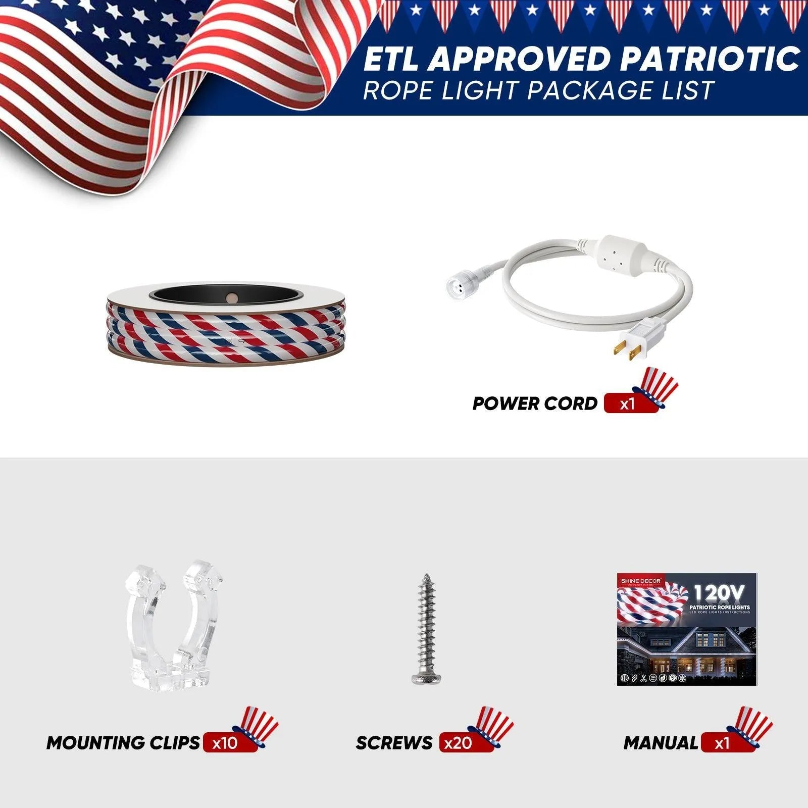110V Patriotic Rope Light Red White Blue Rope Light 11000K US Flag Lighting