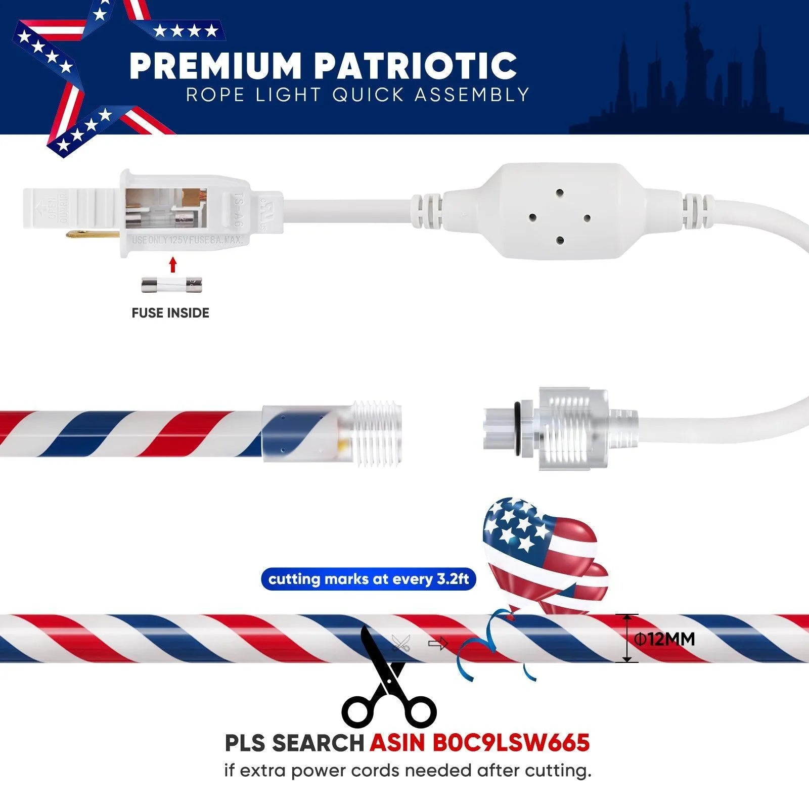 110V Patriotic Rope Light Red White Blue Rope Light 11000K US Flag Lighting