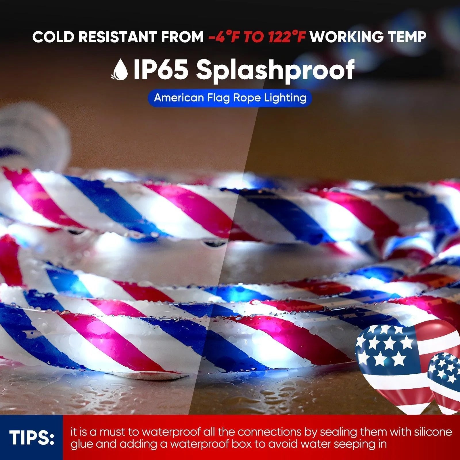 110V Patriotic Rope Light Red White Blue Rope Light 11000K US Flag Lighting