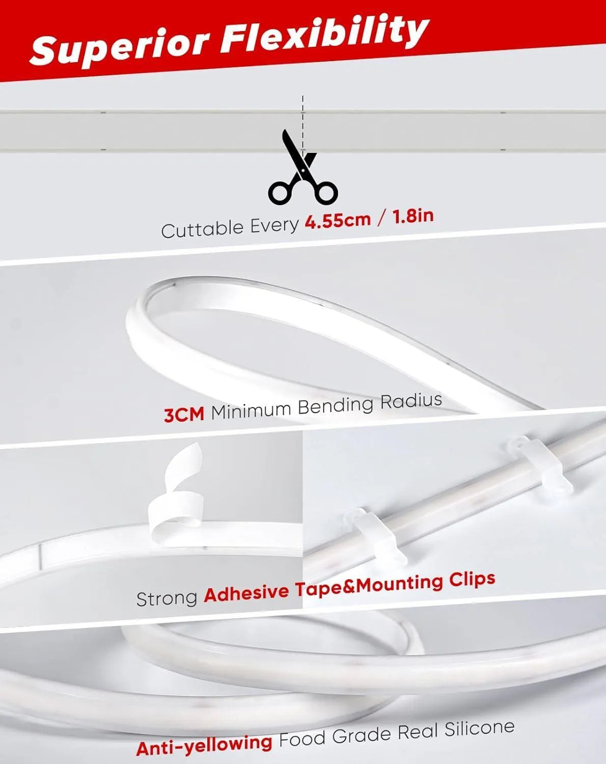 110V Ultra Bright COB LED Neon Rope Light 6000K Cool White 800Lumens/M