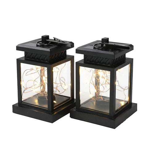 Set of 2 Solar Lantern Lights Outdoor Waterproof Solar Powered Table Lamp Hanging Lighting with Warm LED Fairy String Lights for Patio Garden Landscape Decoration Yard and Lawn（with Clamp）