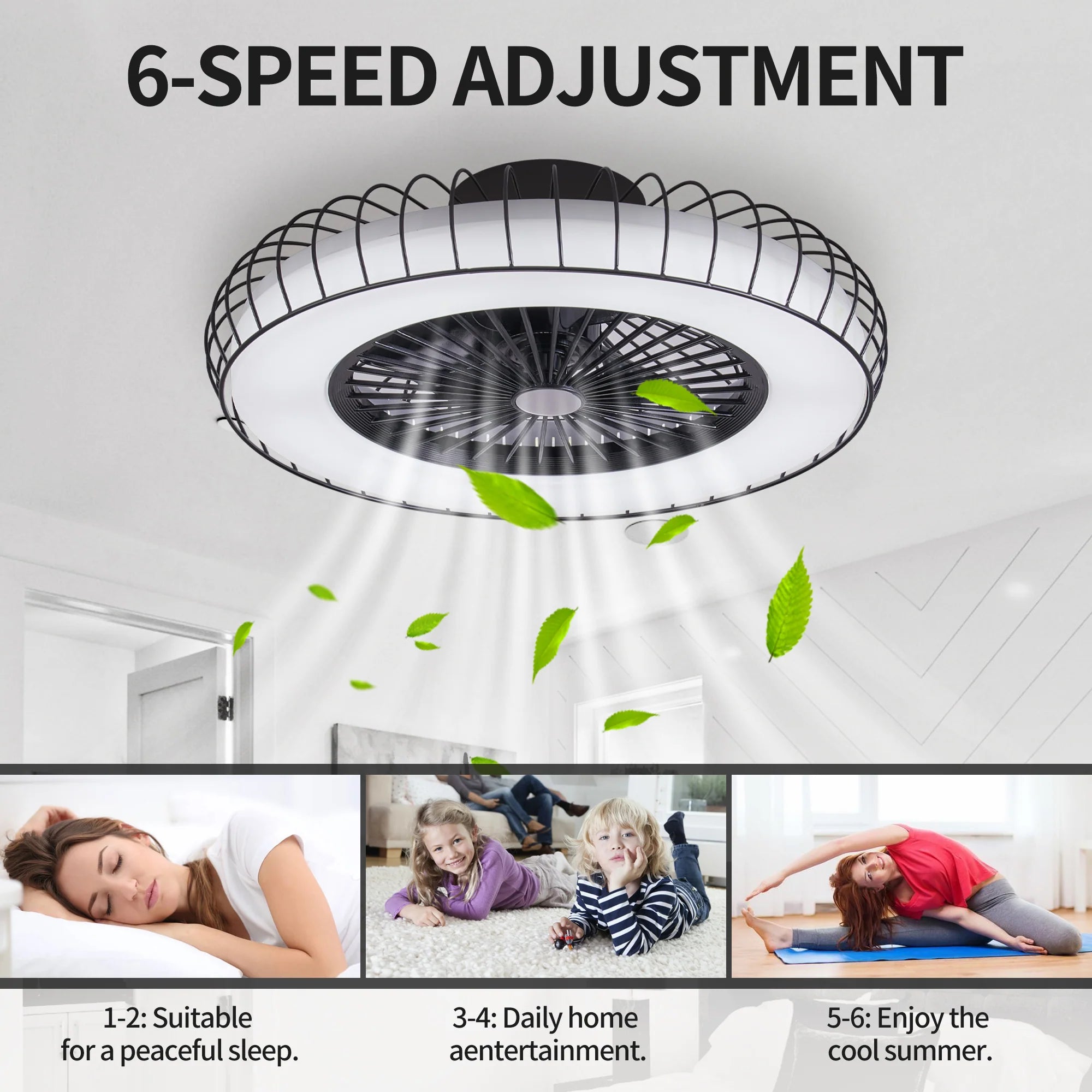 Elegant 20 Inch Black Ceiling Fan with Quiet Reversible DC Motor and Dimmable LED Lights