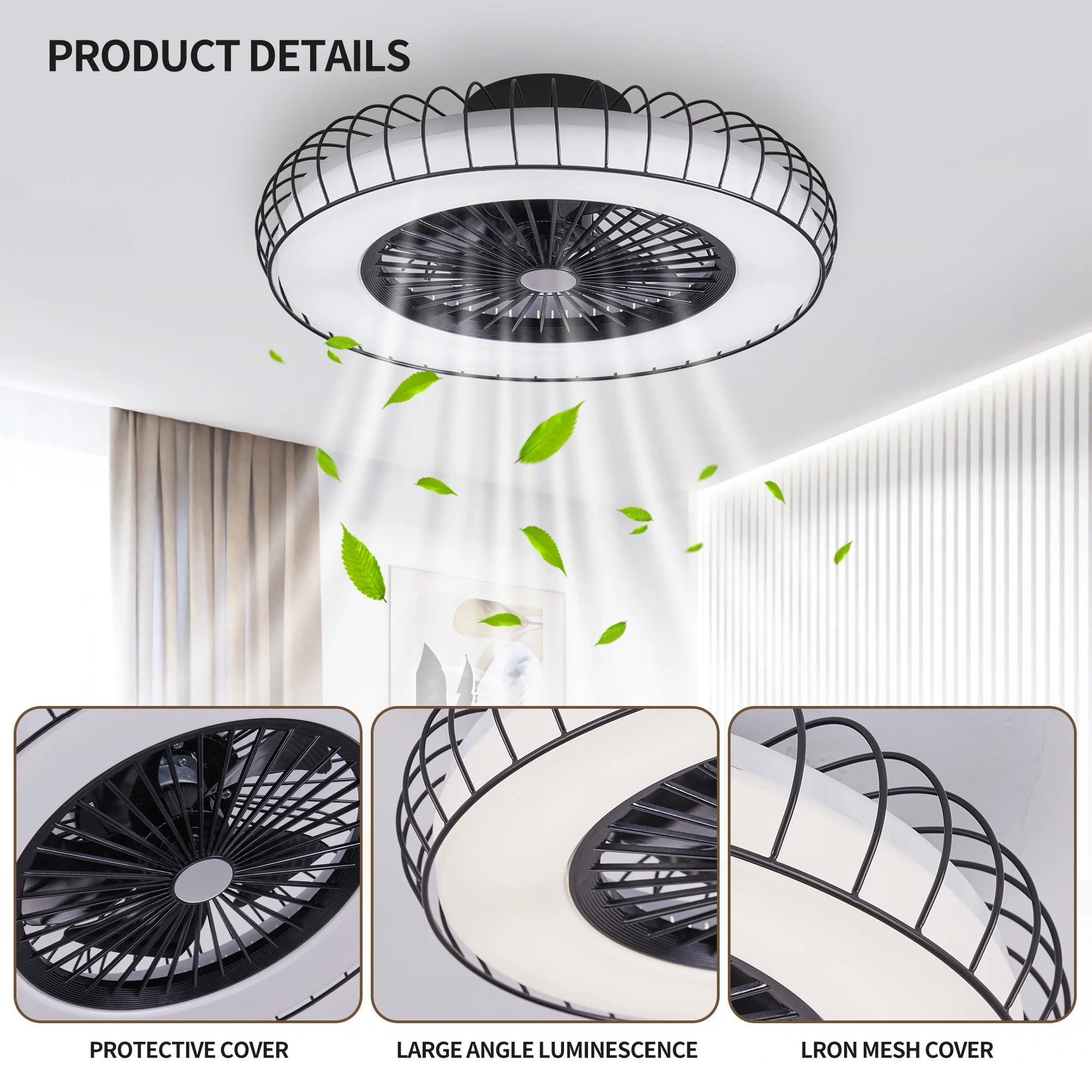 Elegant 20 Inch Black Ceiling Fan with Quiet Reversible DC Motor and Dimmable LED Lights