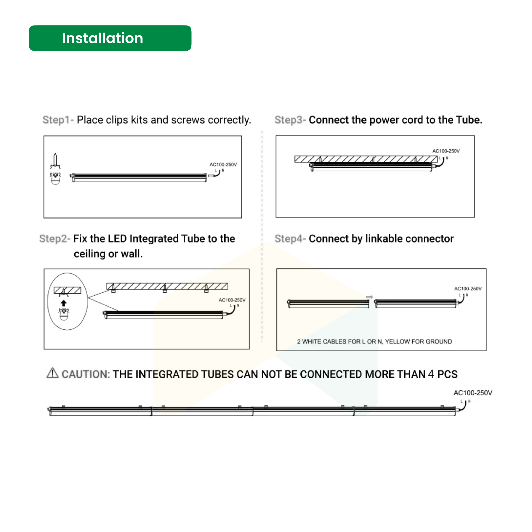 8ft LED Integrated Tube - 60W - 5000K - 7800 Lumens - Non Dimming - Frosted Linkable Tube - AC100-277V, IP66 - ETL Listed - DLC Listed - 5 Years Warranty - 25Pack