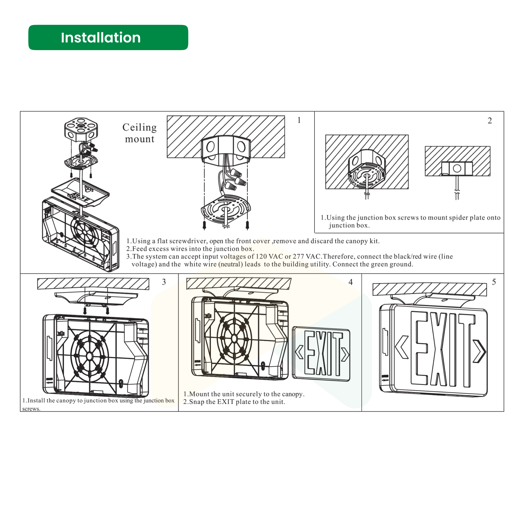 Double Sided LED Emergency EXIT Sign - Red, 5W, 120-277V, Upto 90 Mins Battery Duration, UL Listed, 2 Years Warranty