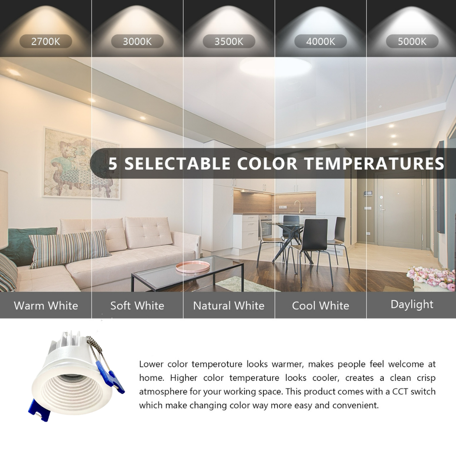 2" Deep Baffle, 6W, Can-less Slim Recessed Downlight with 5CCT, 370LM - White