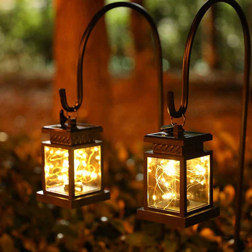 Set of 2 Solar Lantern Lights Outdoor Waterproof Solar Powered Table Lamp Hanging Lighting with Warm LED Fairy String Lights for Patio Garden Landscape Decoration Yard and Lawn（with Clamp）