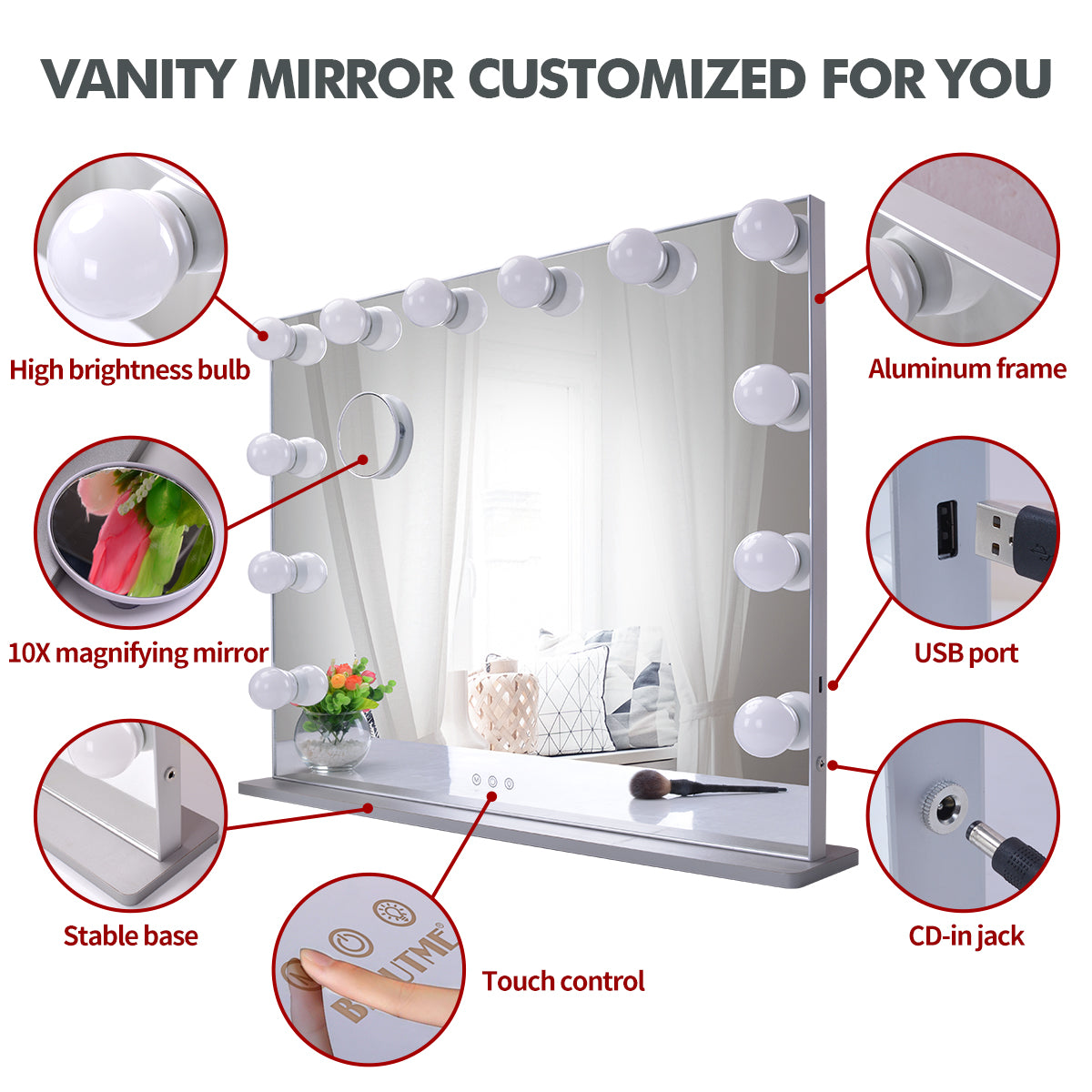 Hollywood Lighted Vanity Makeup Mirror with Lights Large Dressing Tabletop Beauty Mirror with USB Charging Port