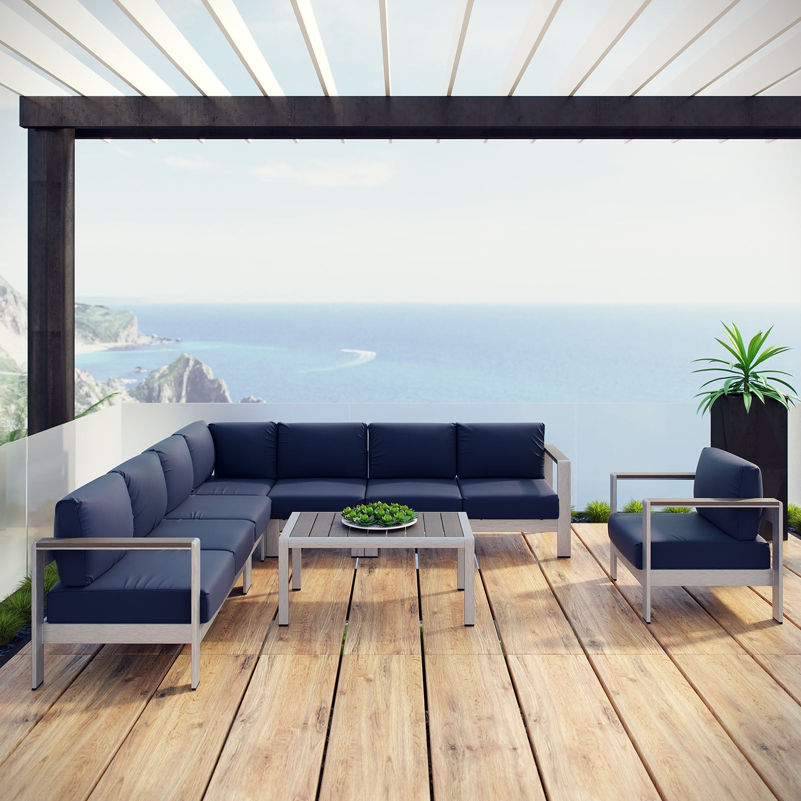 Shore 7 Piece Outdoor Patio Aluminum Sectional Sofa Set by Modway