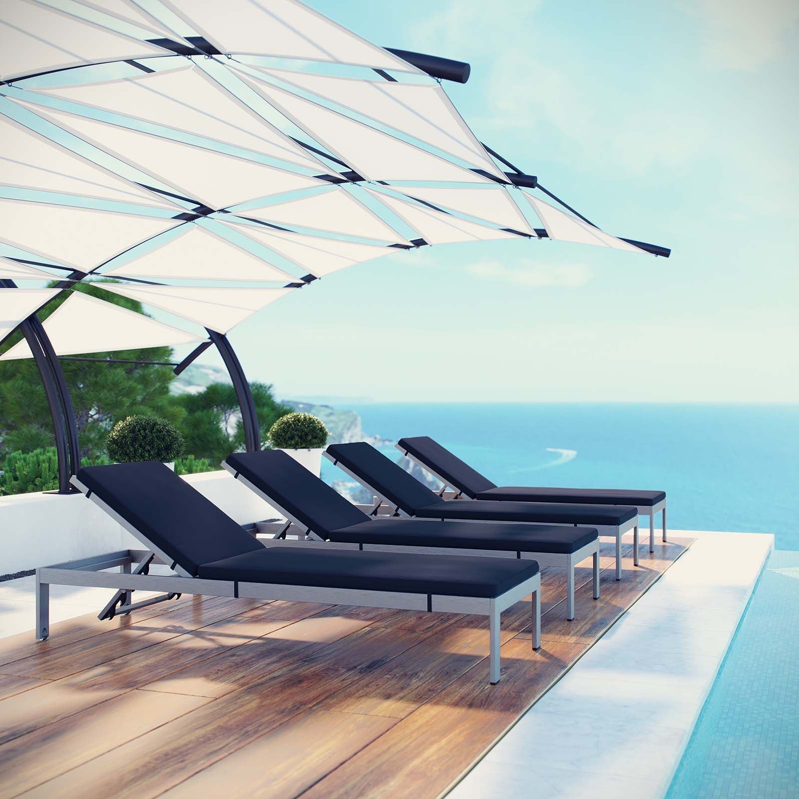 Shore Chaise with Cushions Outdoor Patio Aluminum Set of 4 by Modway