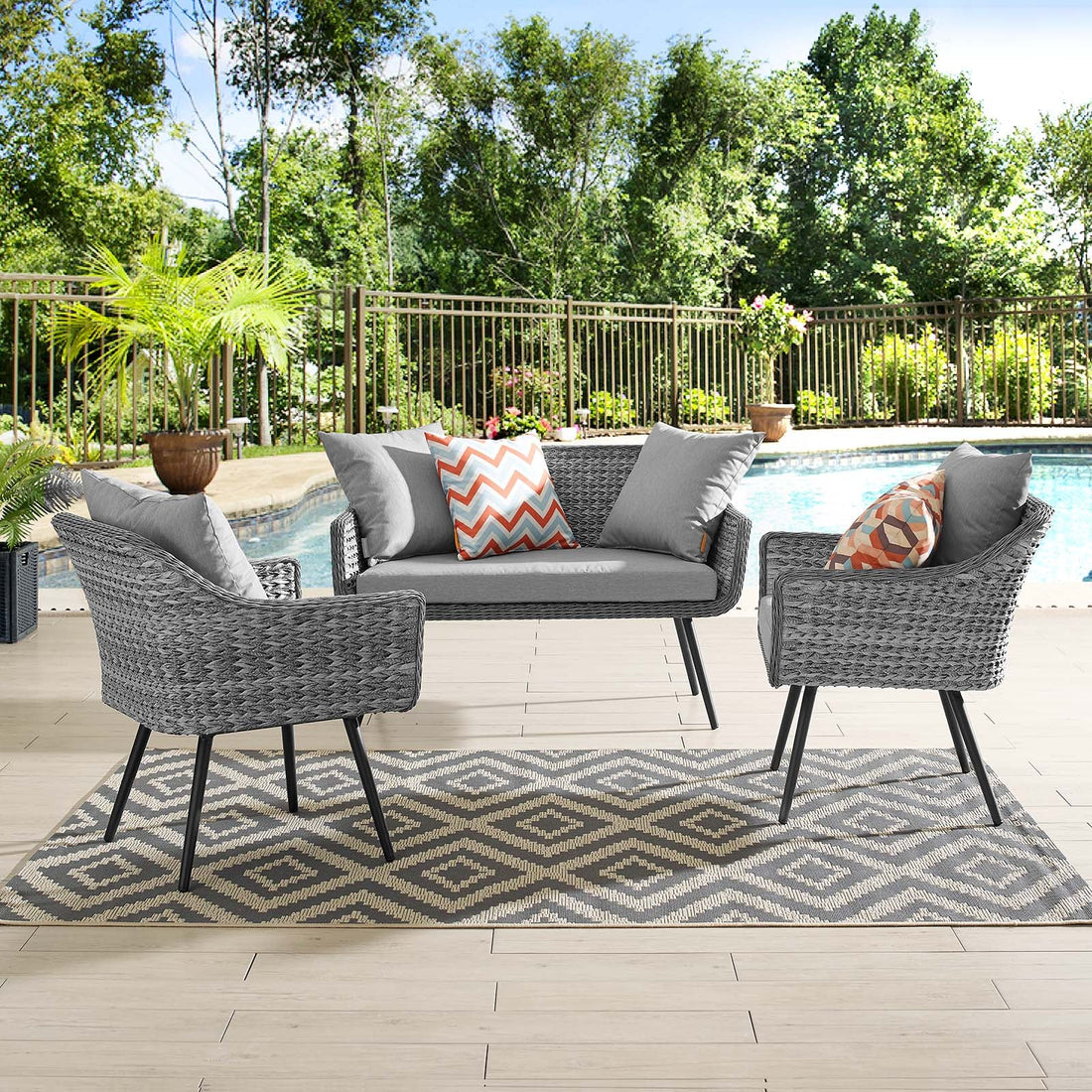 Endeavor 3 Piece Outdoor Patio Wicker Rattan Loveseat and Armchair Set by Modway