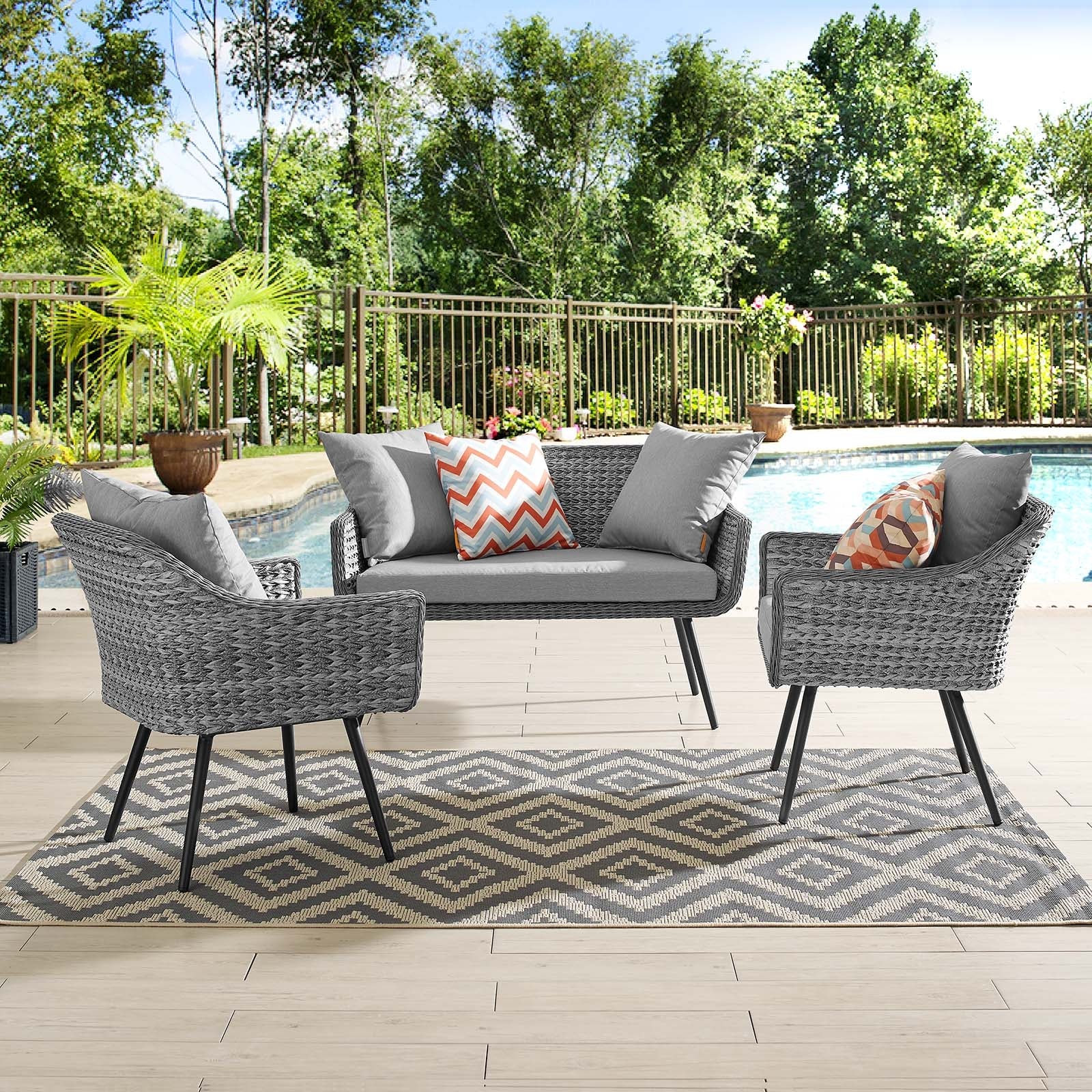 Endeavor 3 Piece Outdoor Patio Wicker Rattan Loveseat and Armchair Set by Modway