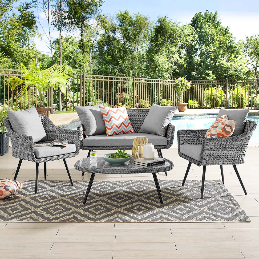 Endeavor 4 Piece Outdoor Patio Wicker Rattan Loveseat Armchair and Coffee Table Set by Modway