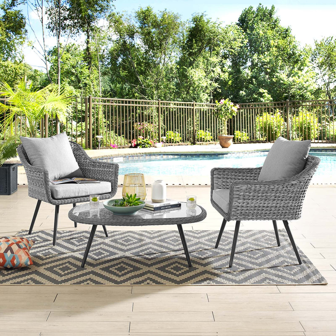 Endeavor 3 Piece Outdoor Patio Wicker Rattan Armchair and Coffee Table Set by Modway