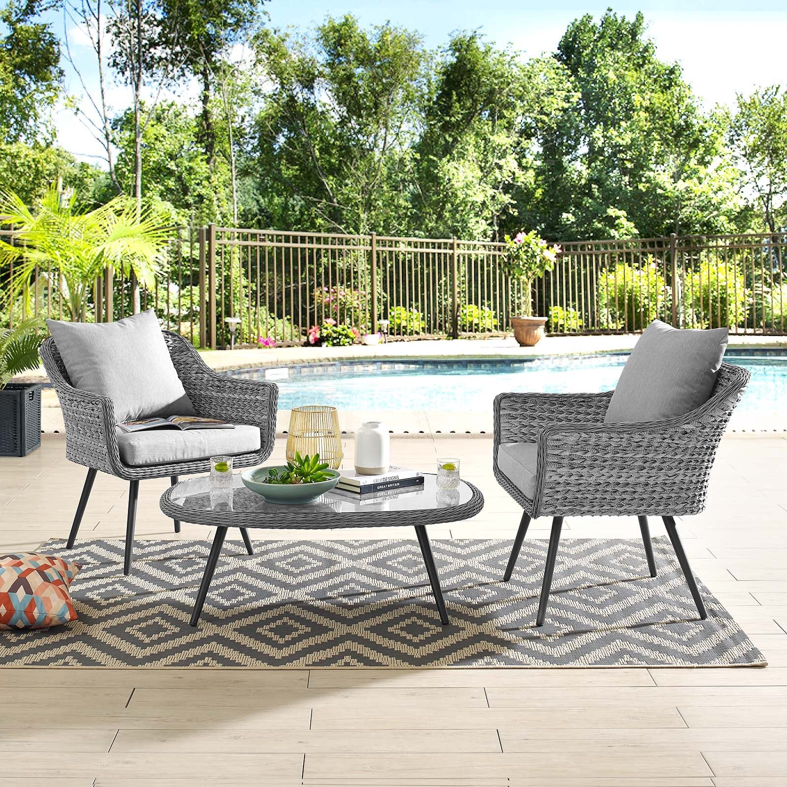 Endeavor 3 Piece Outdoor Patio Wicker Rattan Armchair and Coffee Table Set by Modway