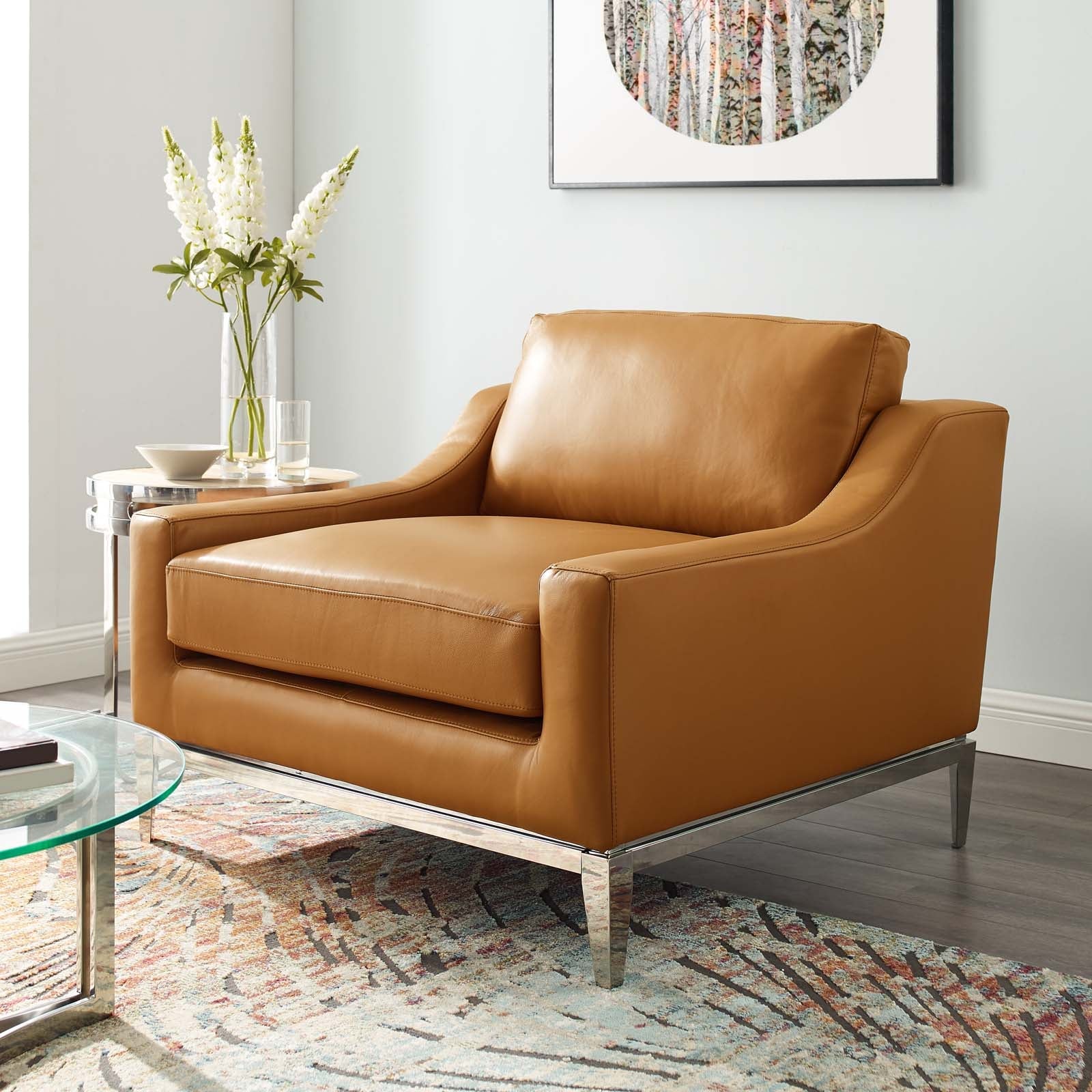 Harness Stainless Steel Base Leather Armchair by Modway