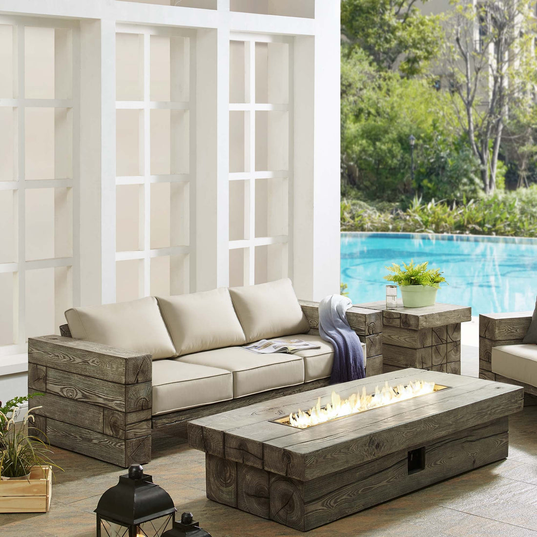 Manteo Rustic Coastal Outdoor Patio Sunbrella® Sofa and Fire Pit Set by Modway