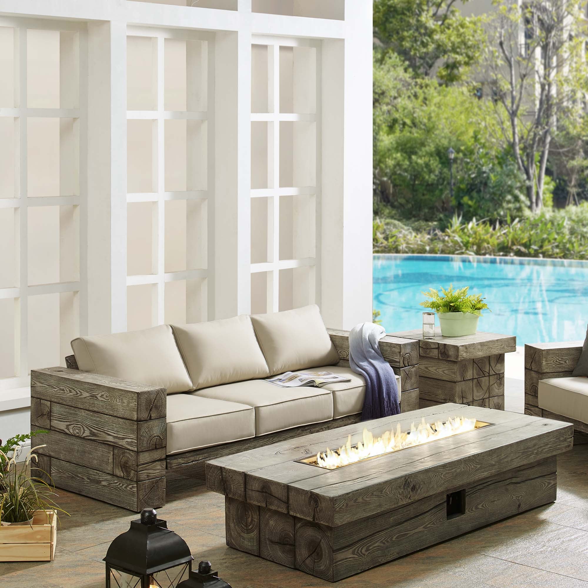 Manteo Rustic Coastal Outdoor Patio Sunbrella® Sofa and Fire Pit Set by Modway