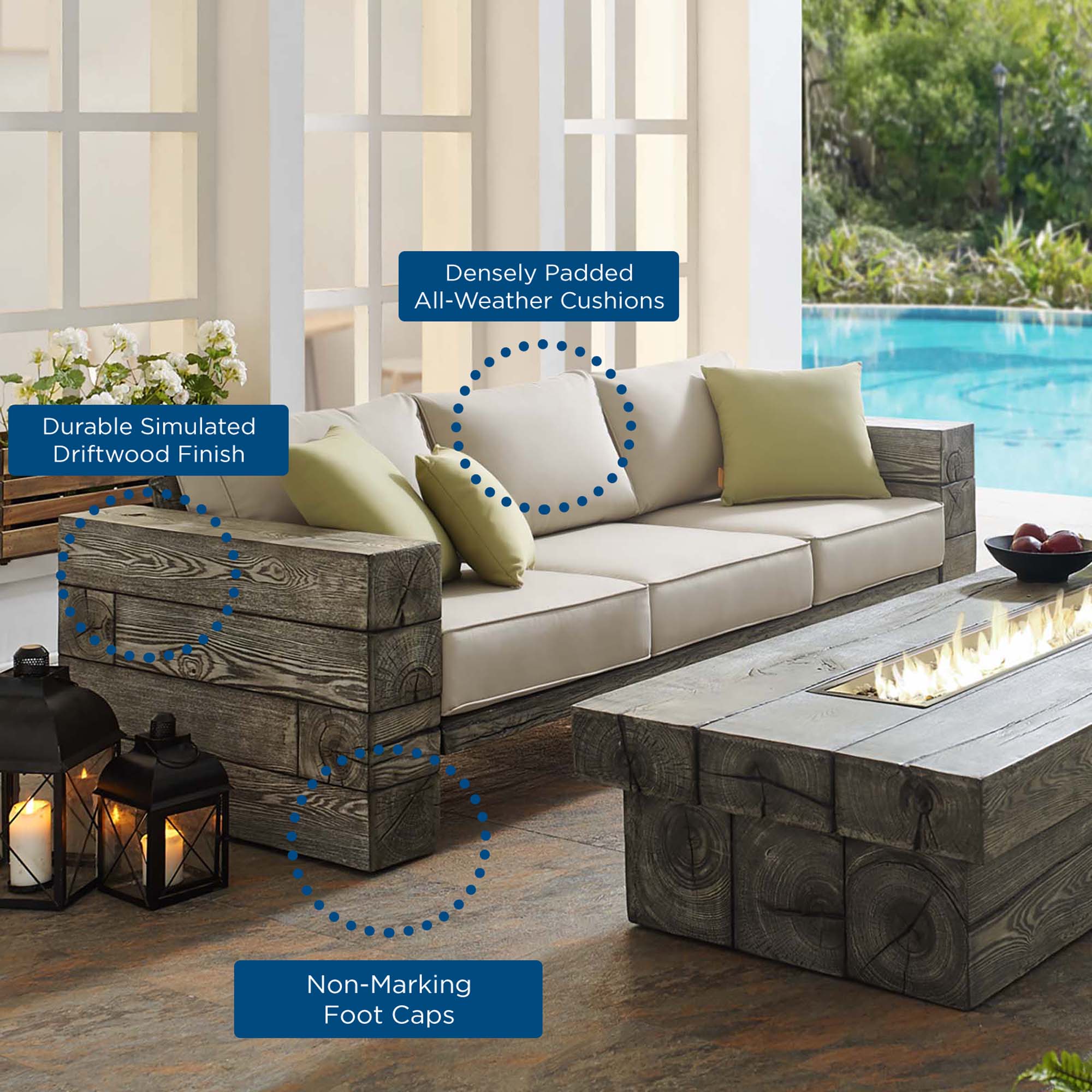 Manteo Rustic Coastal Outdoor Patio Sunbrella® Sofa and Fire Pit Set by Modway
