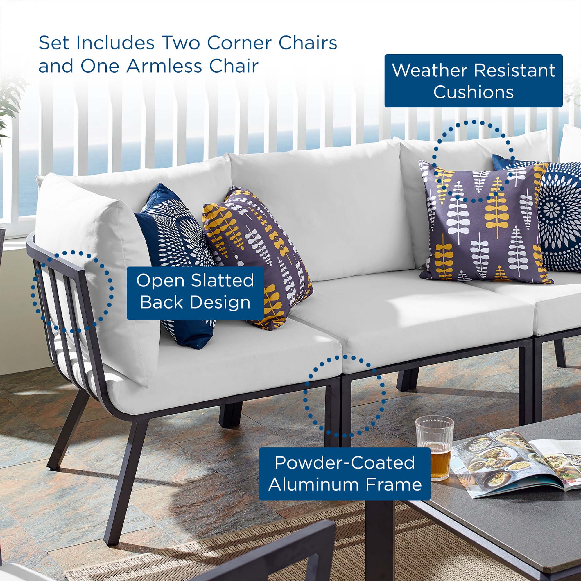 Riverside 3 Piece Outdoor Patio Aluminum Sectional Sofa Set by Modway