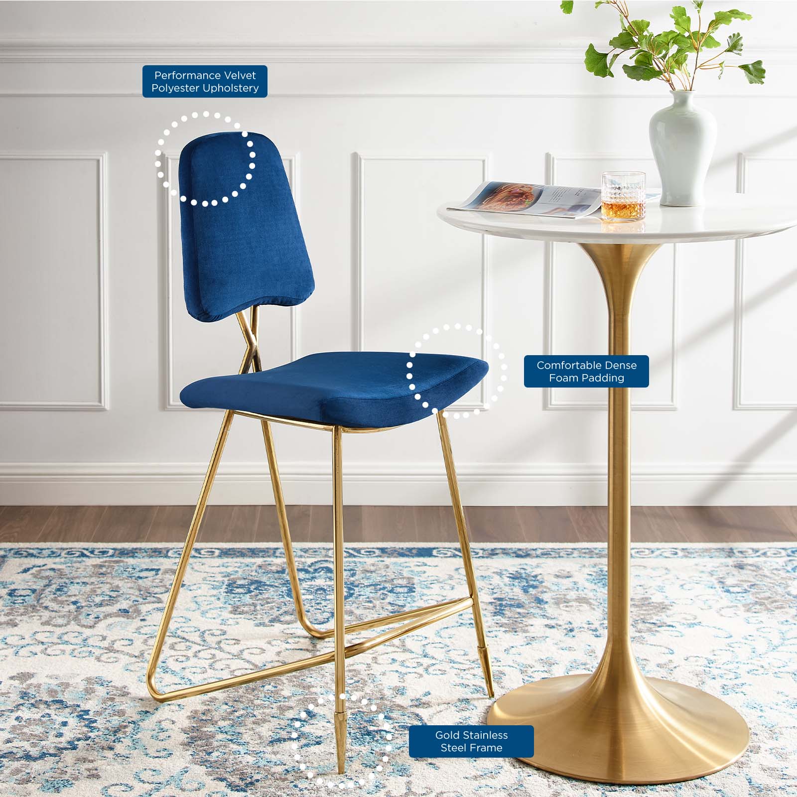 Ponder Performance Velvet Bar Stool by Modway
