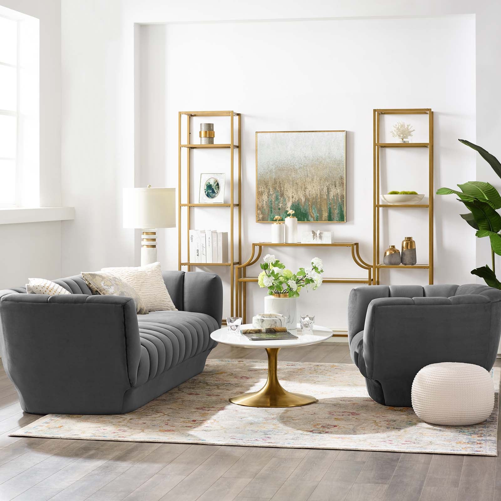 Entertain Vertical Channel Tufted Performance Velvet Sofa and Armchair Set by Modway