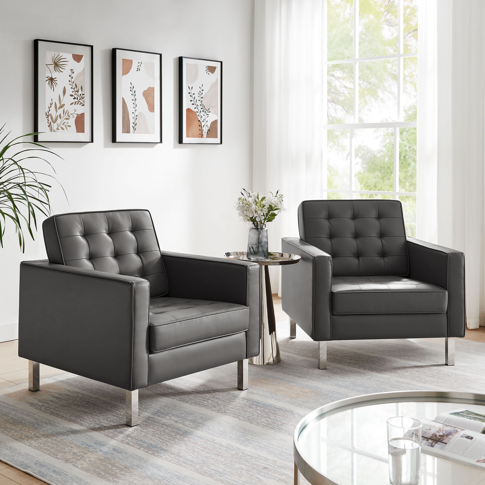 Loft Tufted Vegan Leather Armchairs - Set of 2 by Modway