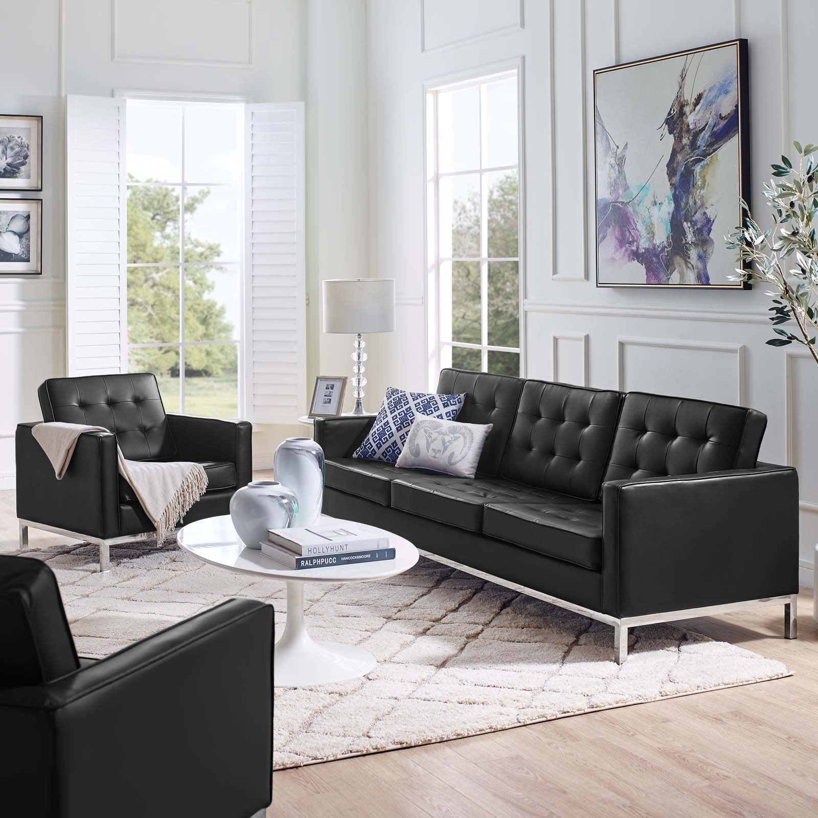 Loft Tufted Upholstered Faux Leather Sofa and Armchair Set by Modway