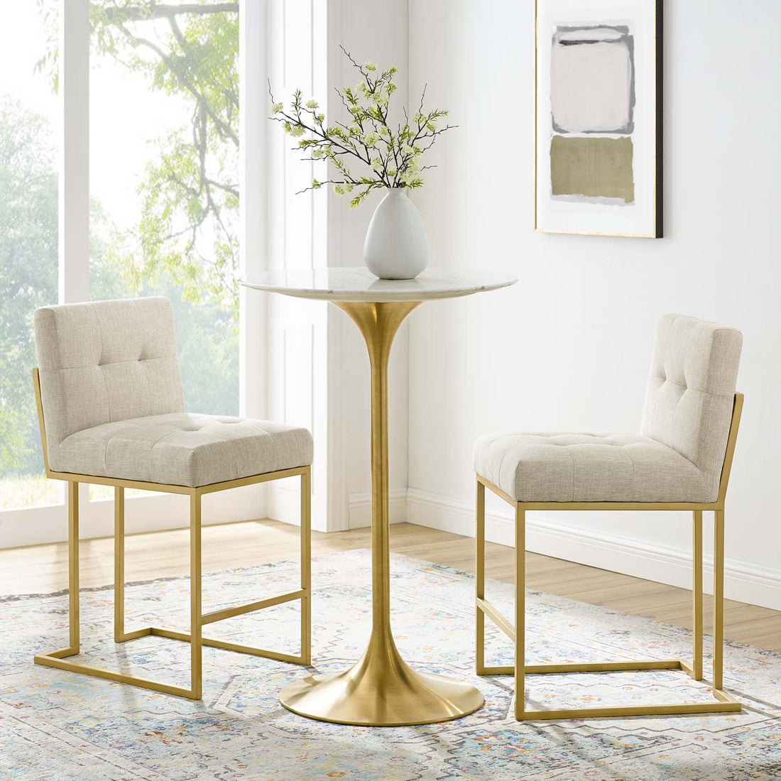 Privy Gold Stainless Steel Upholstered Fabric Counter Stool Set of 2 by Modway