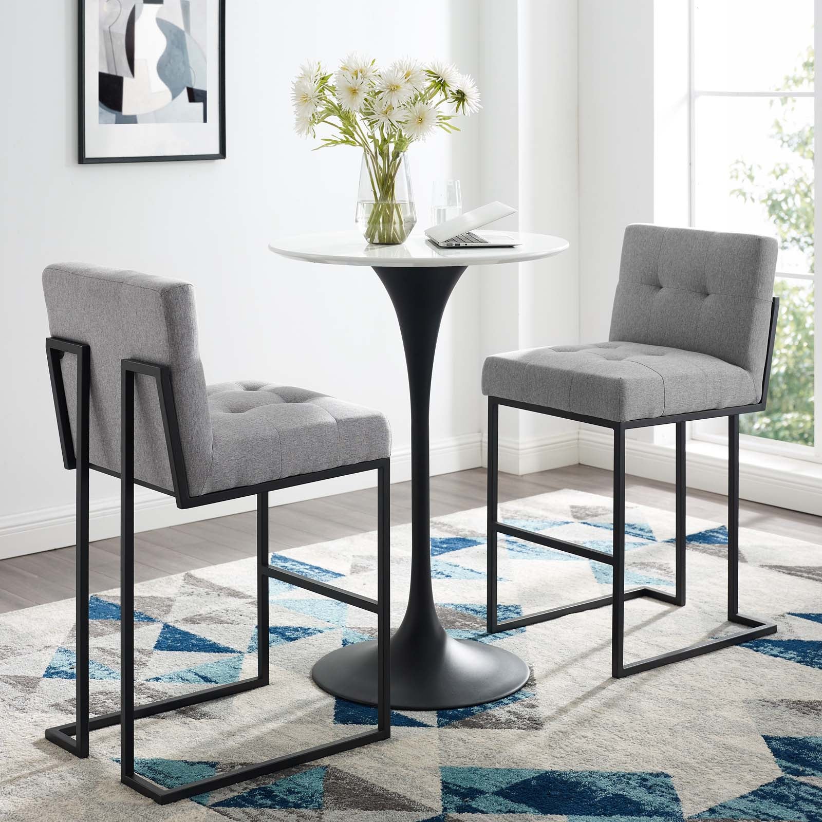 Privy Black Stainless Steel Upholstered Fabric Bar Stool Set of 2 by Modway