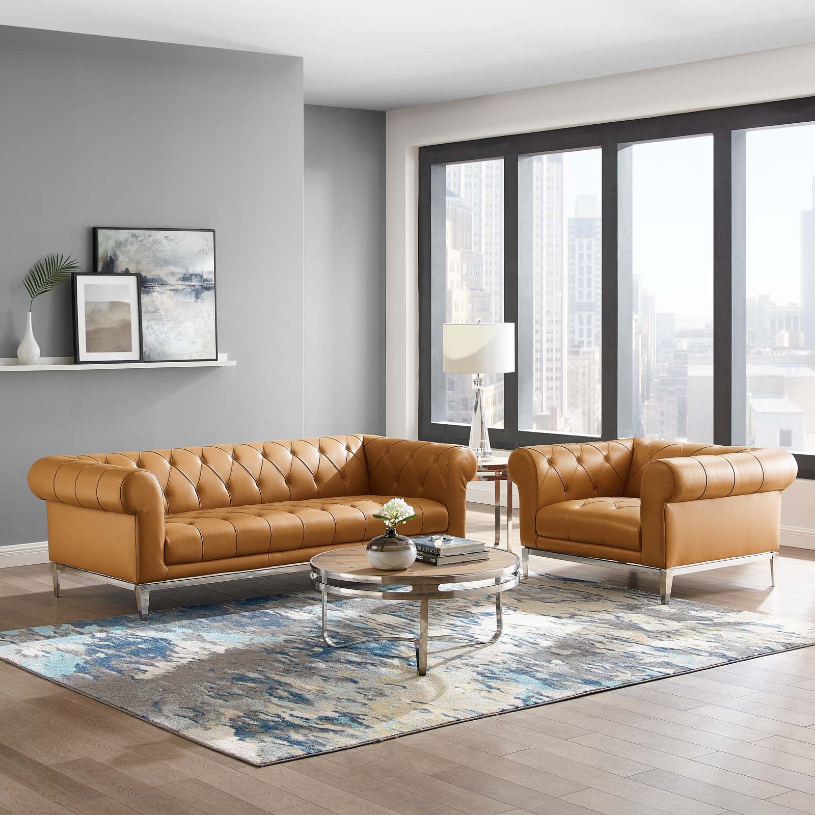 Idyll Tufted Upholstered Leather Sofa and Armchair Set by Modway