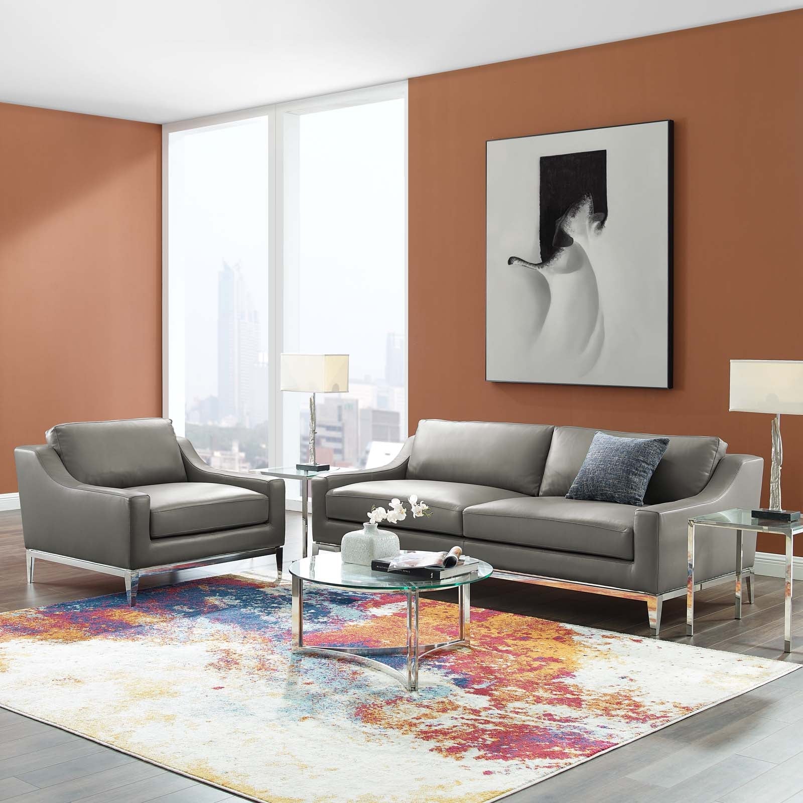 Harness Stainless Steel Base Leather Sofa & Armchair Set by Modway