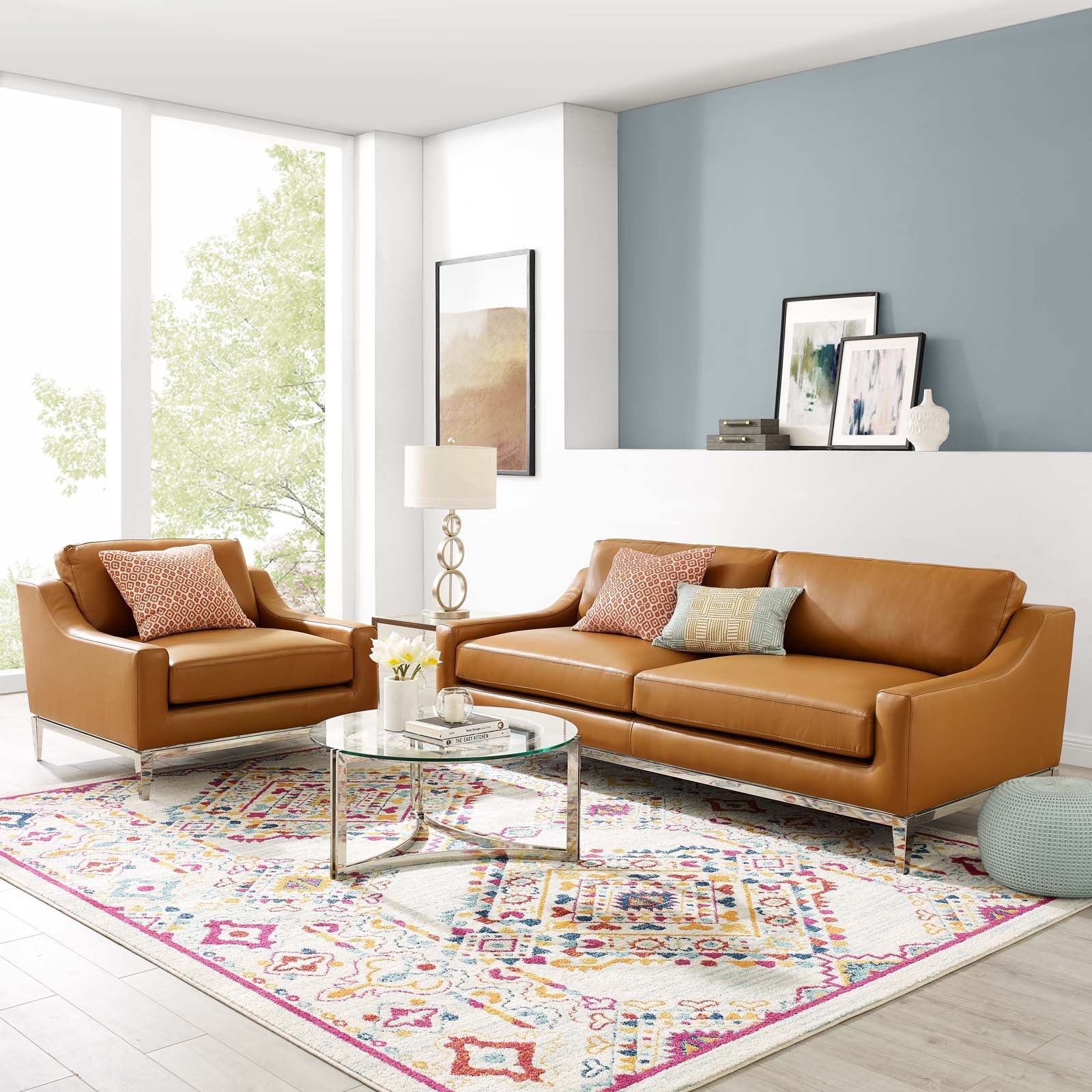 Harness Stainless Steel Base Leather Sofa & Armchair Set by Modway
