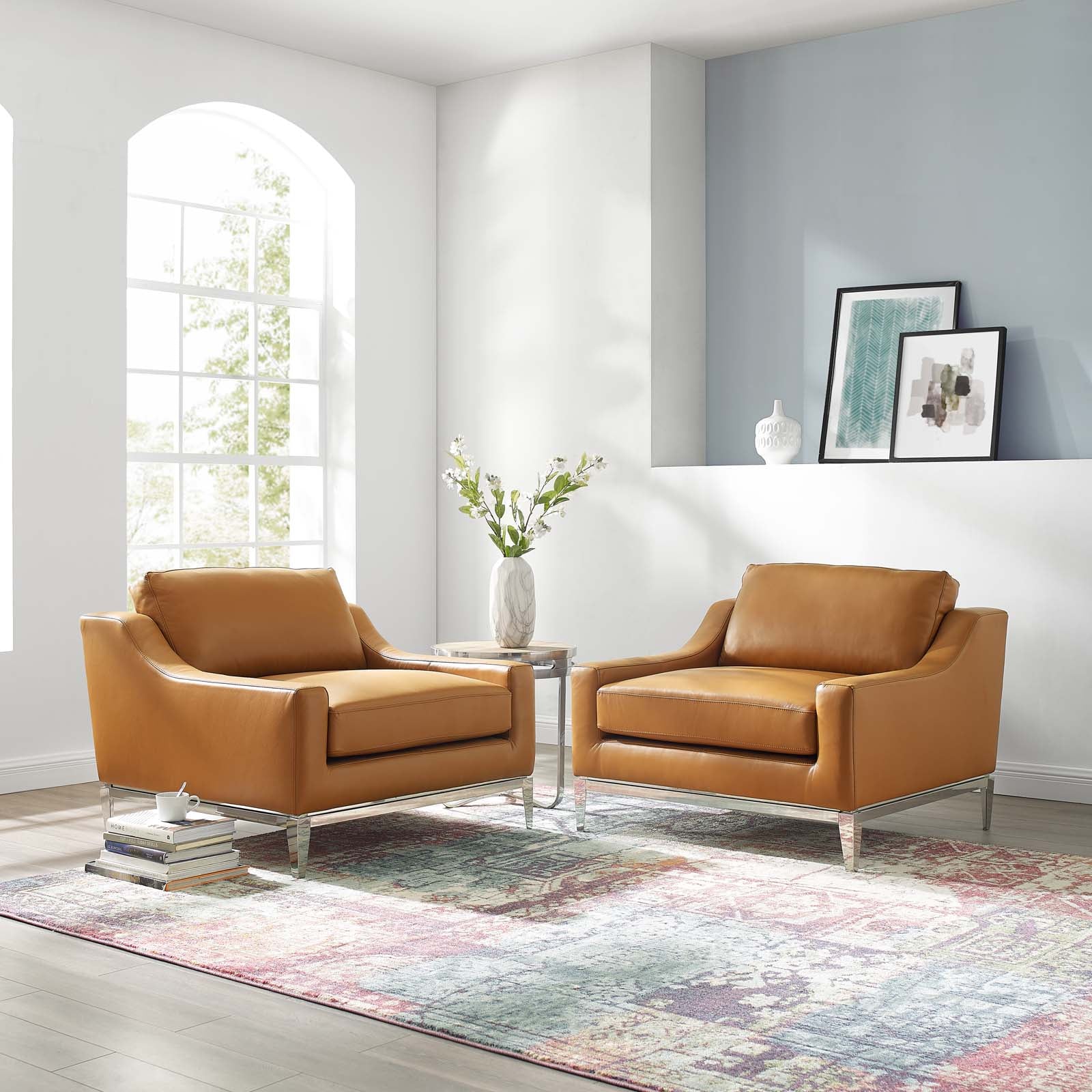 Harness Stainless Steel Base Leather Armchair Set of 2 by Modway
