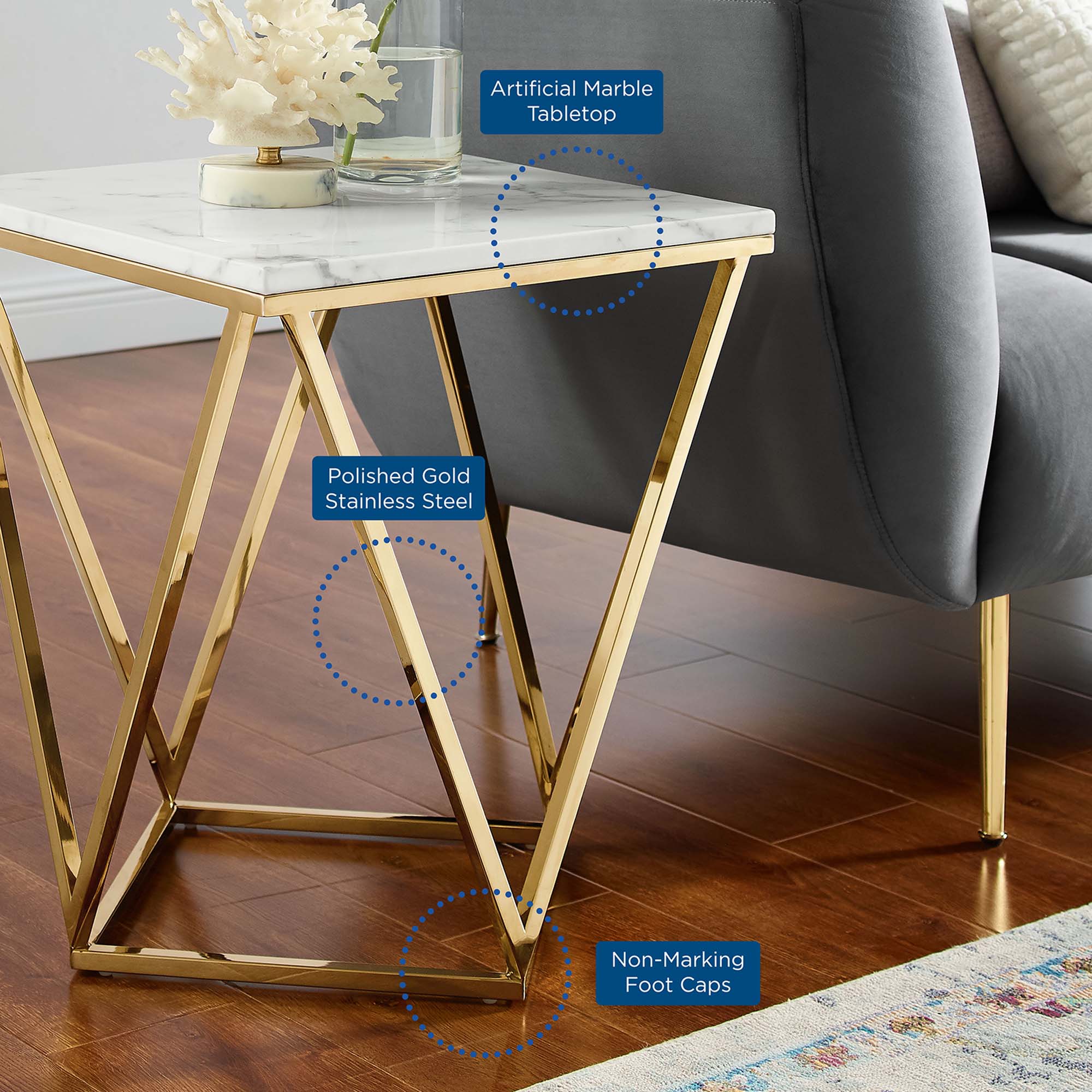Vertex Gold Metal Stainless Steel End Table by Modway