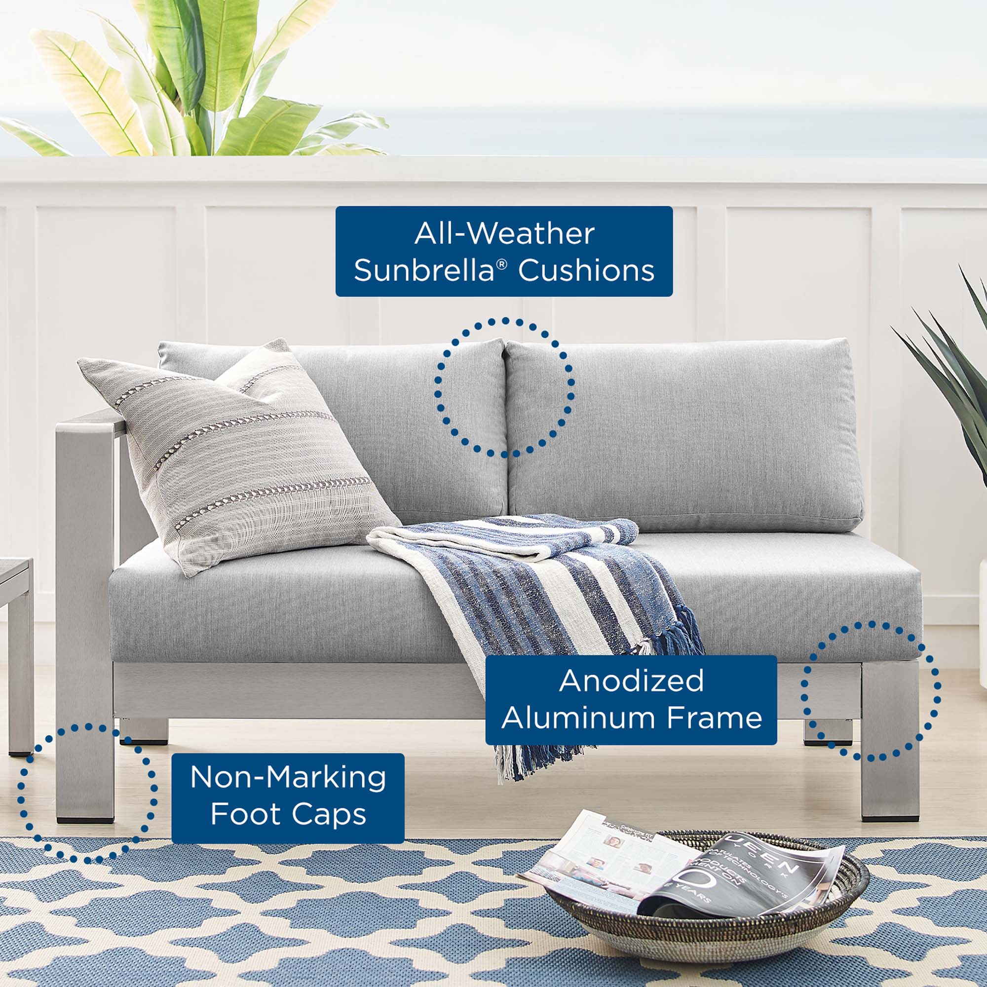 Shore Sunbrella® Fabric Aluminum Outdoor Patio Left-Arm Loveseat by Modway