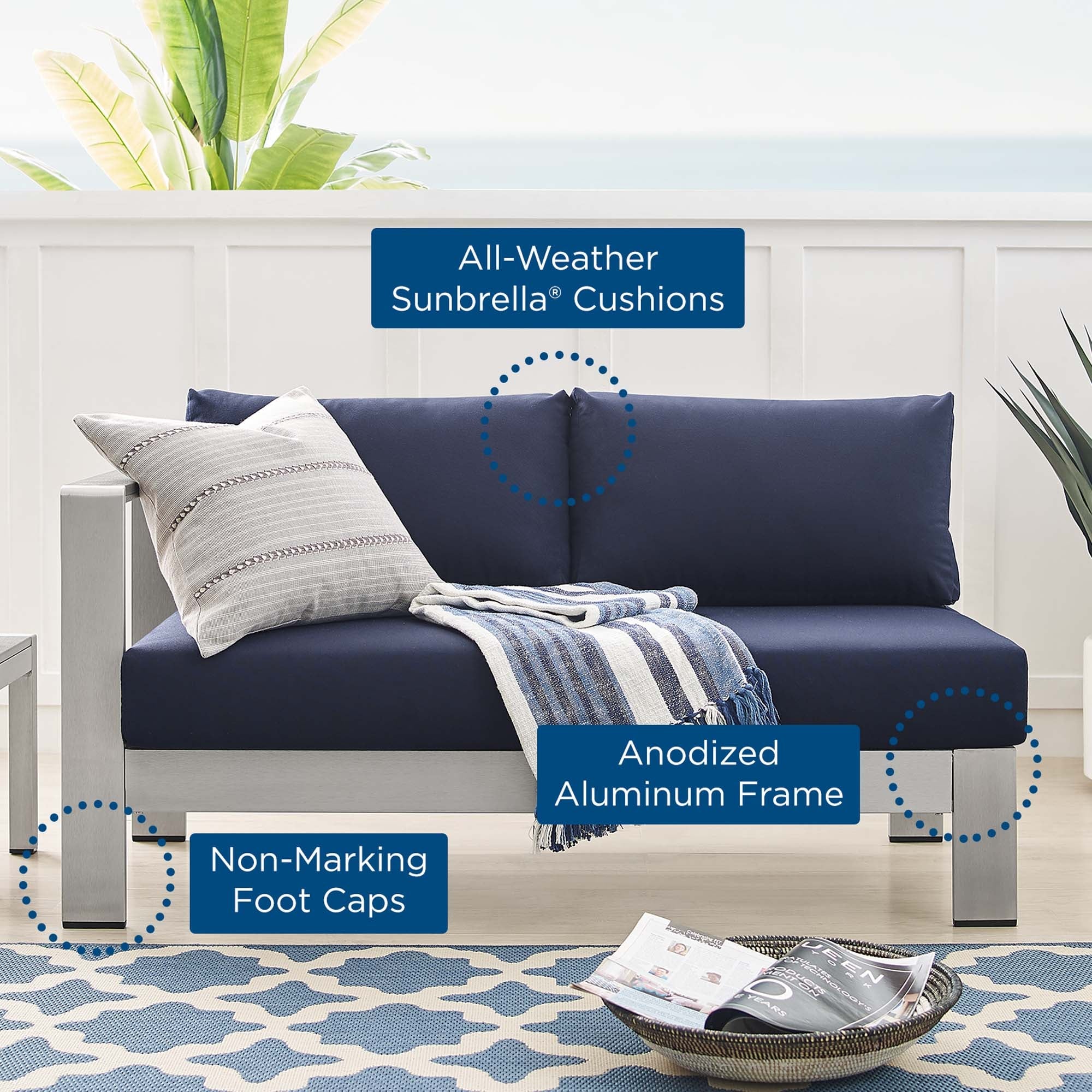 Shore Sunbrella® Fabric Aluminum Outdoor Patio Left-Arm Loveseat by Modway