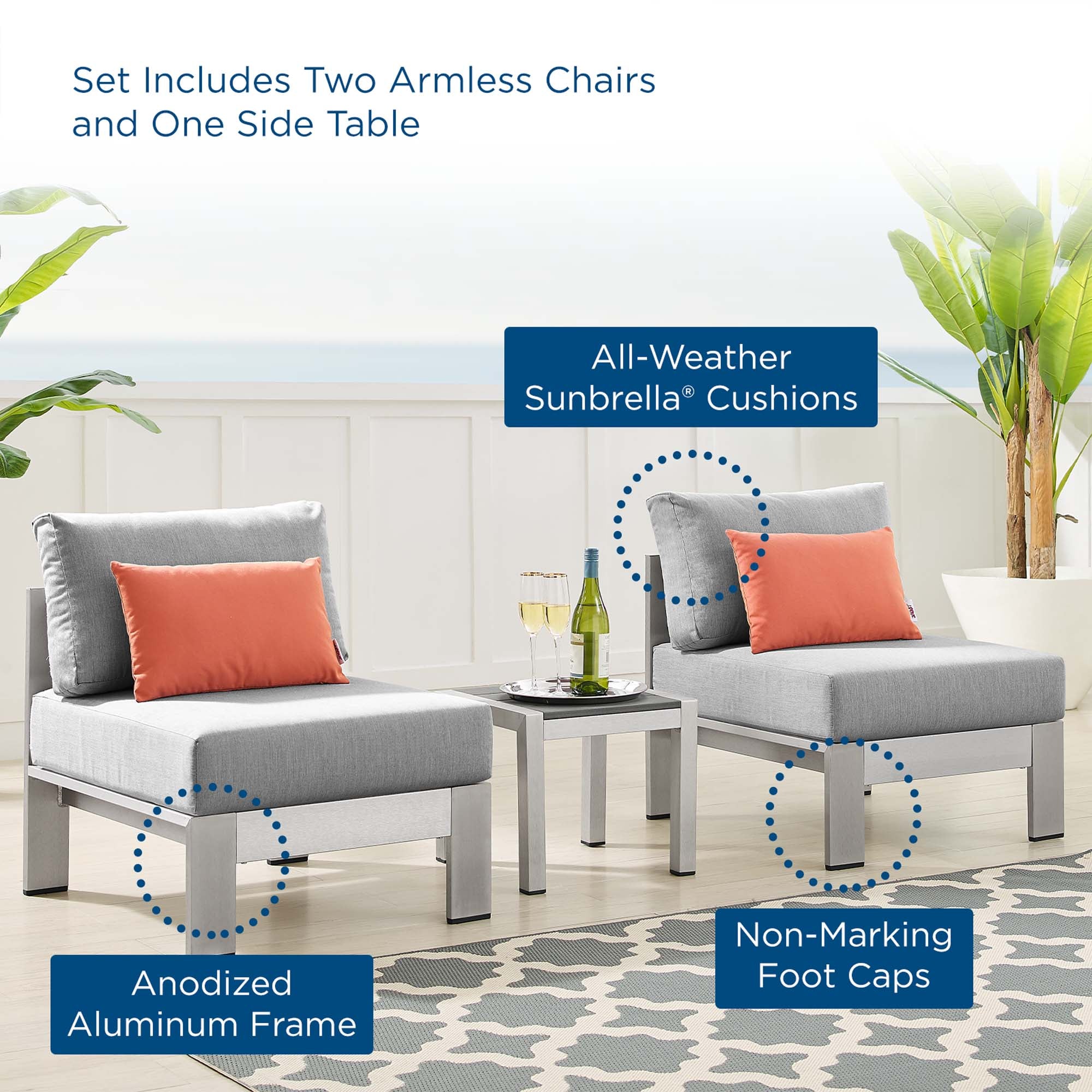 Shore Sunbrella® Fabric Outdoor Patio Aluminum 3 Piece Set by Modway