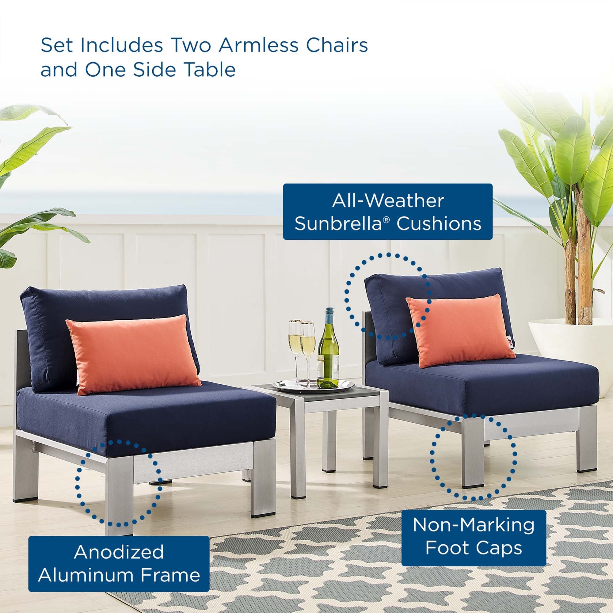 Shore Sunbrella® Fabric Outdoor Patio Aluminum 3 Piece Set by Modway