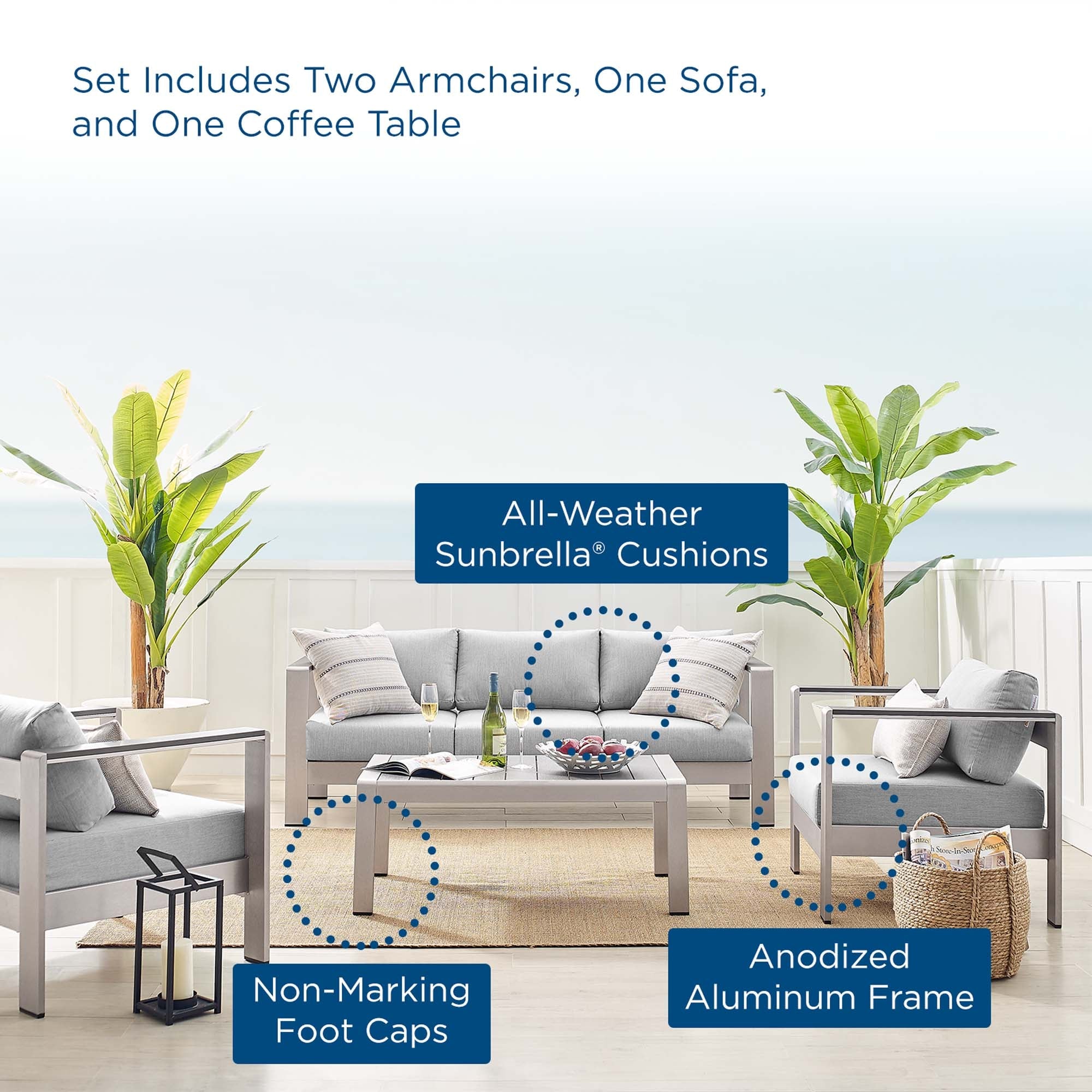 Shore Sunbrella® Fabric Outdoor Patio Aluminum 4 Piece Set by Modway