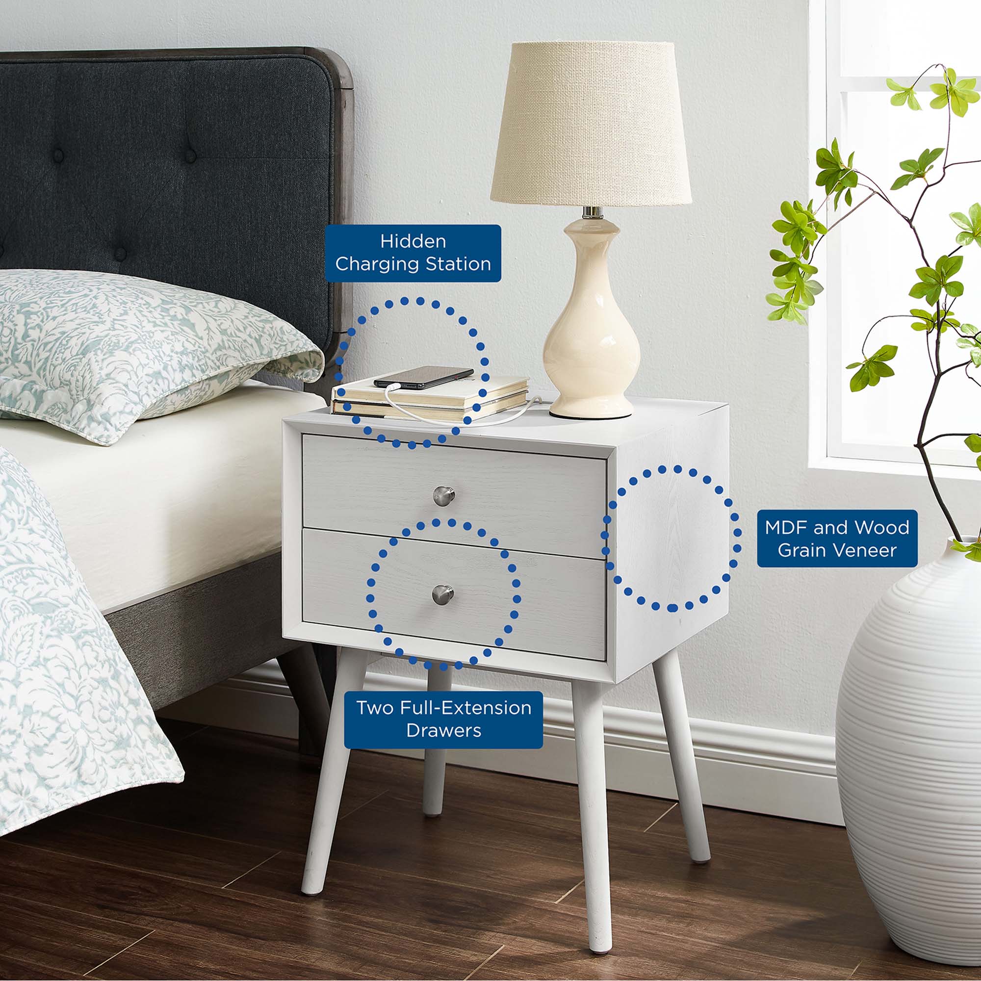 Ember Wood Nightstand With USB Ports by Modway