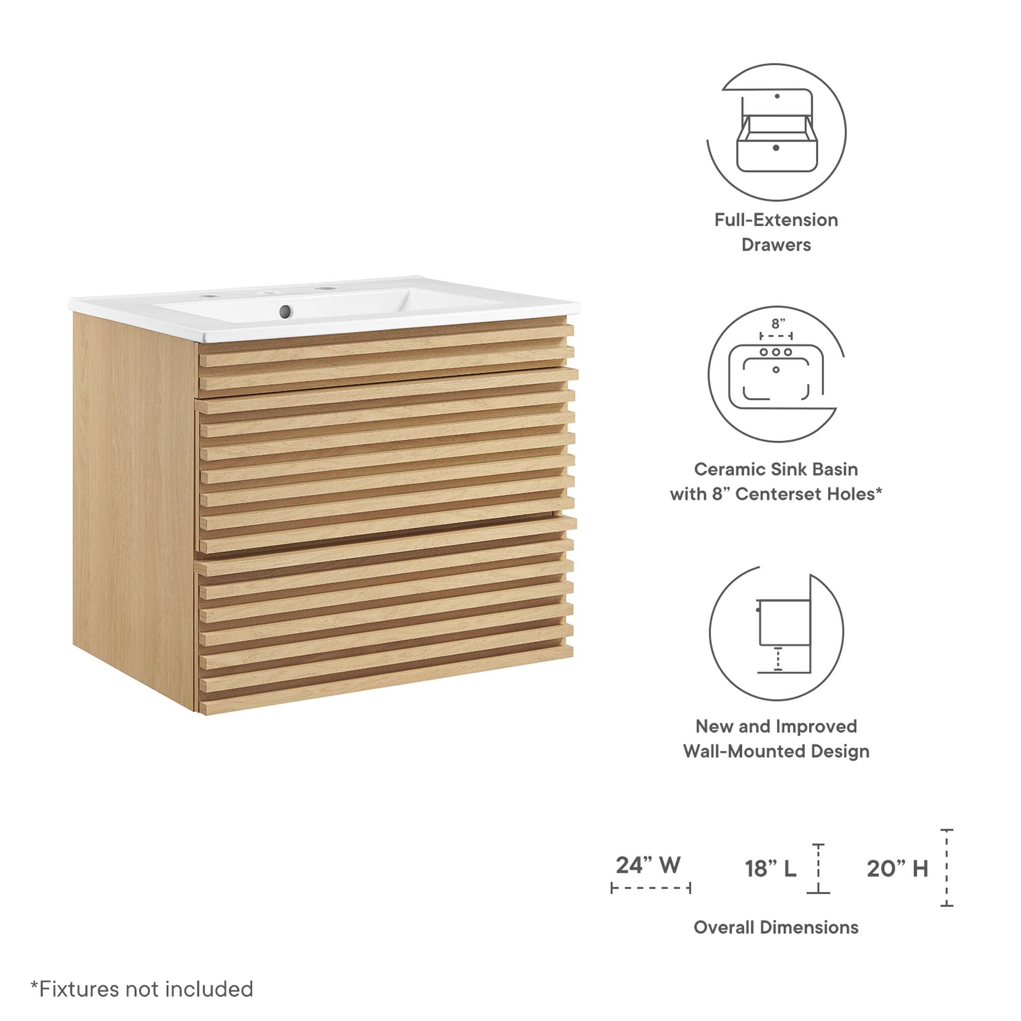 Render Wall-Mount Bathroom Vanity with White Basin Included by Modway