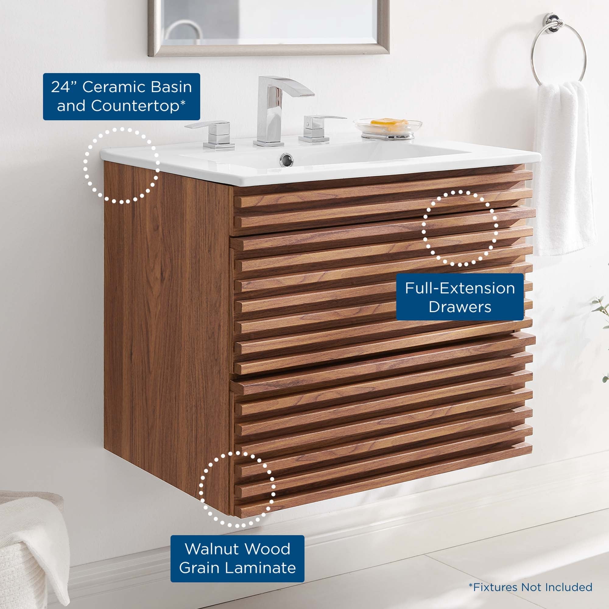 Render Wall-Mount Bathroom Vanity with White Basin Included by Modway