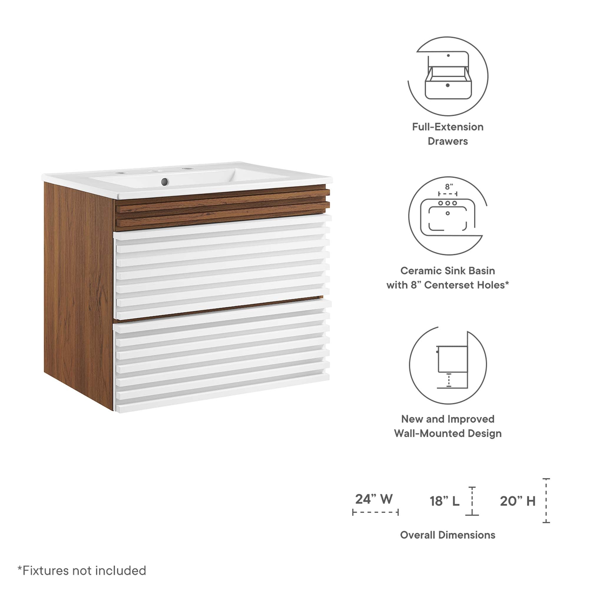 Render Wall-Mount Bathroom Vanity with White Basin Included by Modway