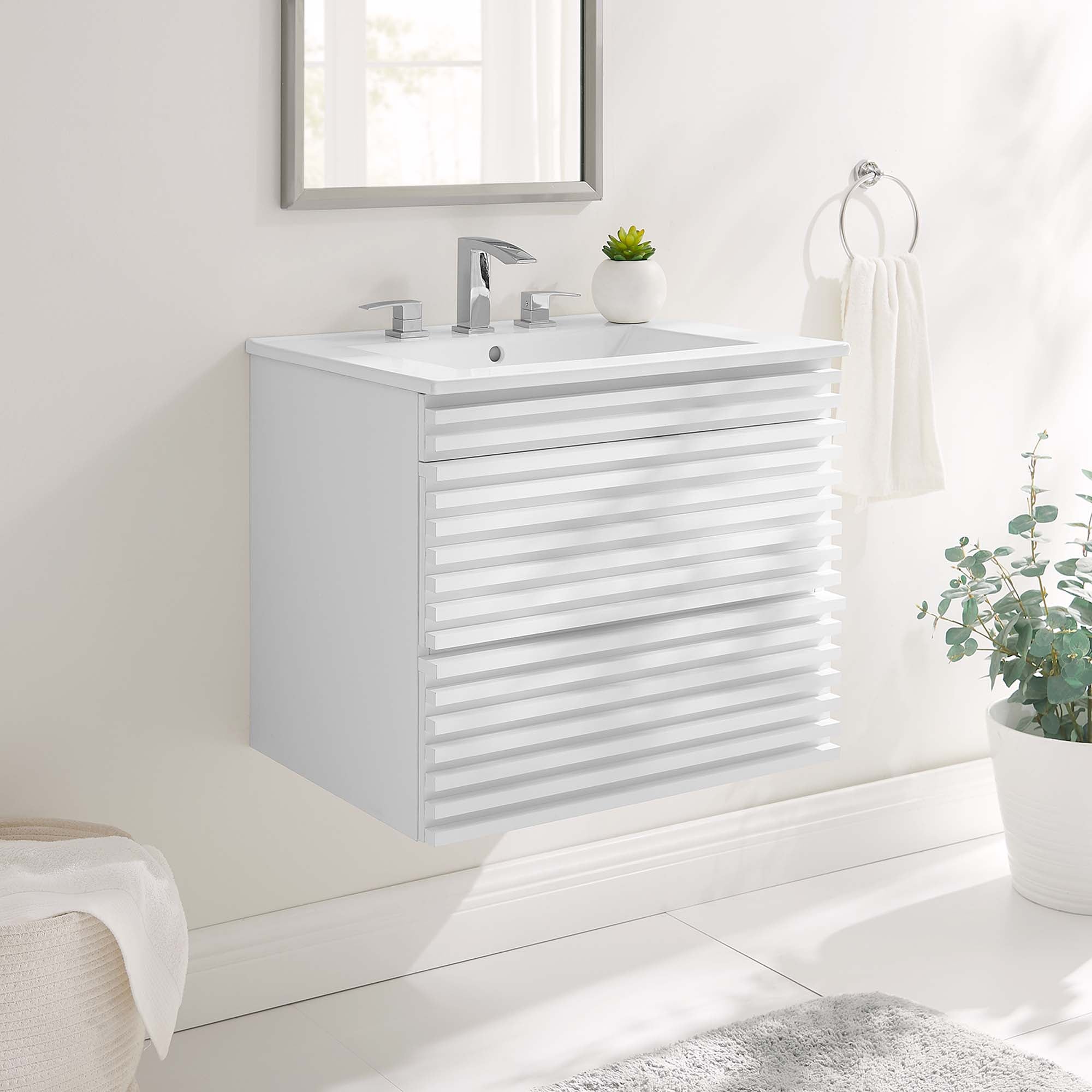 Render Wall-Mount Bathroom Vanity with White Basin Included by Modway