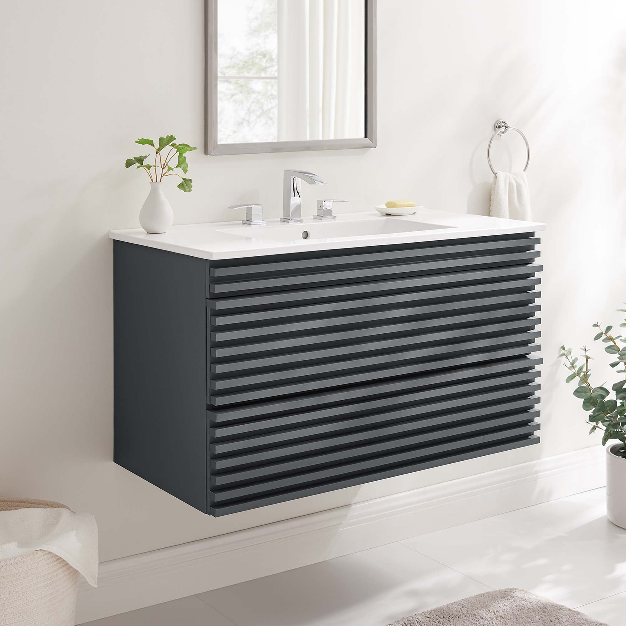 Render Wall-Mount Bathroom Vanity with White Basin Included by Modway